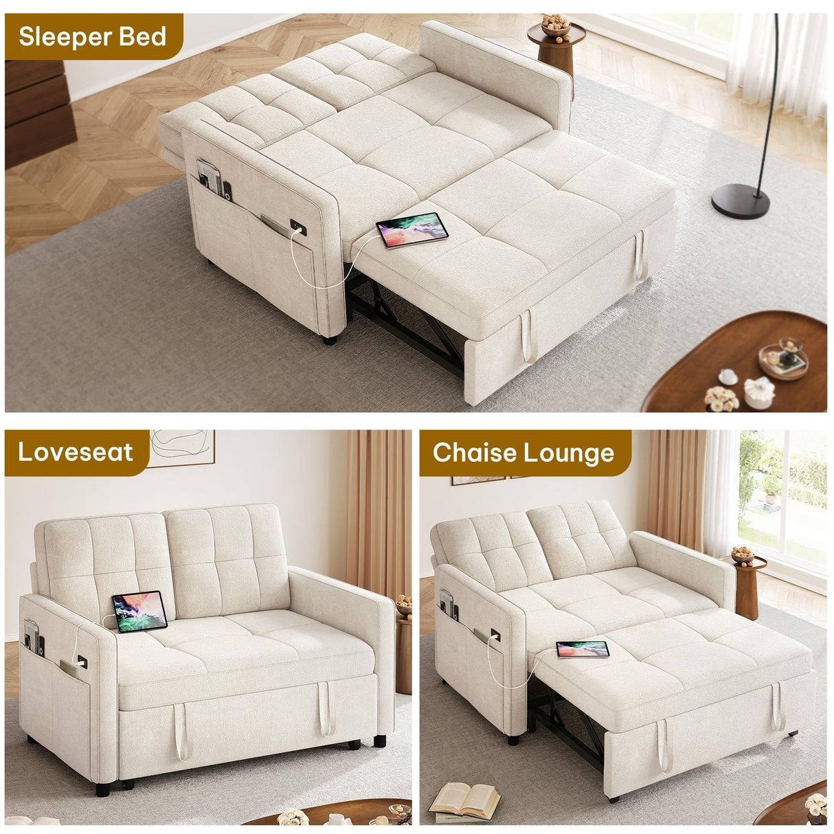 DWVO 55" Convertible Sofa Bed, 3-in-1 Sleeper Sofa with Pull-Out Couch, Velvet Futon Couch with Adjustable Backrest and USB, Modern Loveseat for Living Room Apartment, Light Beige DWVO