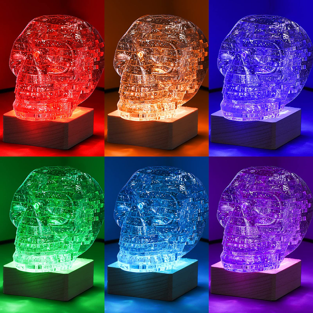 3D Skull Crystal Puzzle, Skull Assembly Brain Teaser with Light-Up Wood Base for Halloween Decorations Outdoor, Plastic Skull DIY Puzzle Blocks 3D Model Toy, Gift for Adults, Kid 14+, 49pcs (Grey) Generic