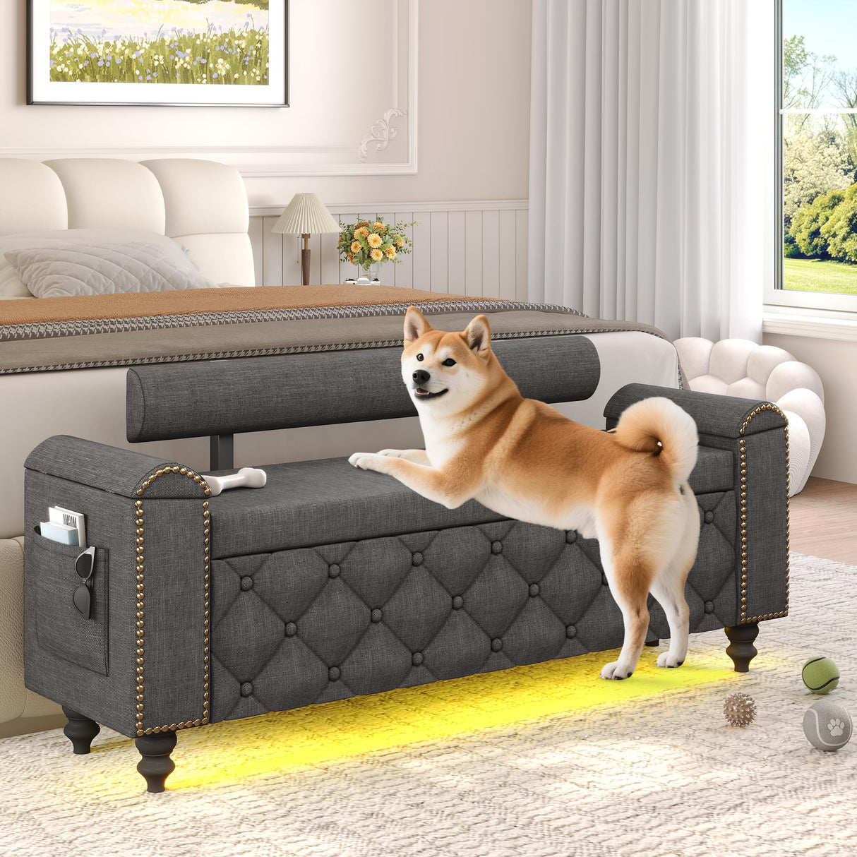 BYSAUD 51" Ottoman with Storage, Storage Ottoman Bench with LED Lights, End of Bed Bench with Upholstered Backrest & Curved Arm, Entryway Bench with Tufted Button for Bedroom Living Room, Dark Gray BYSAUD