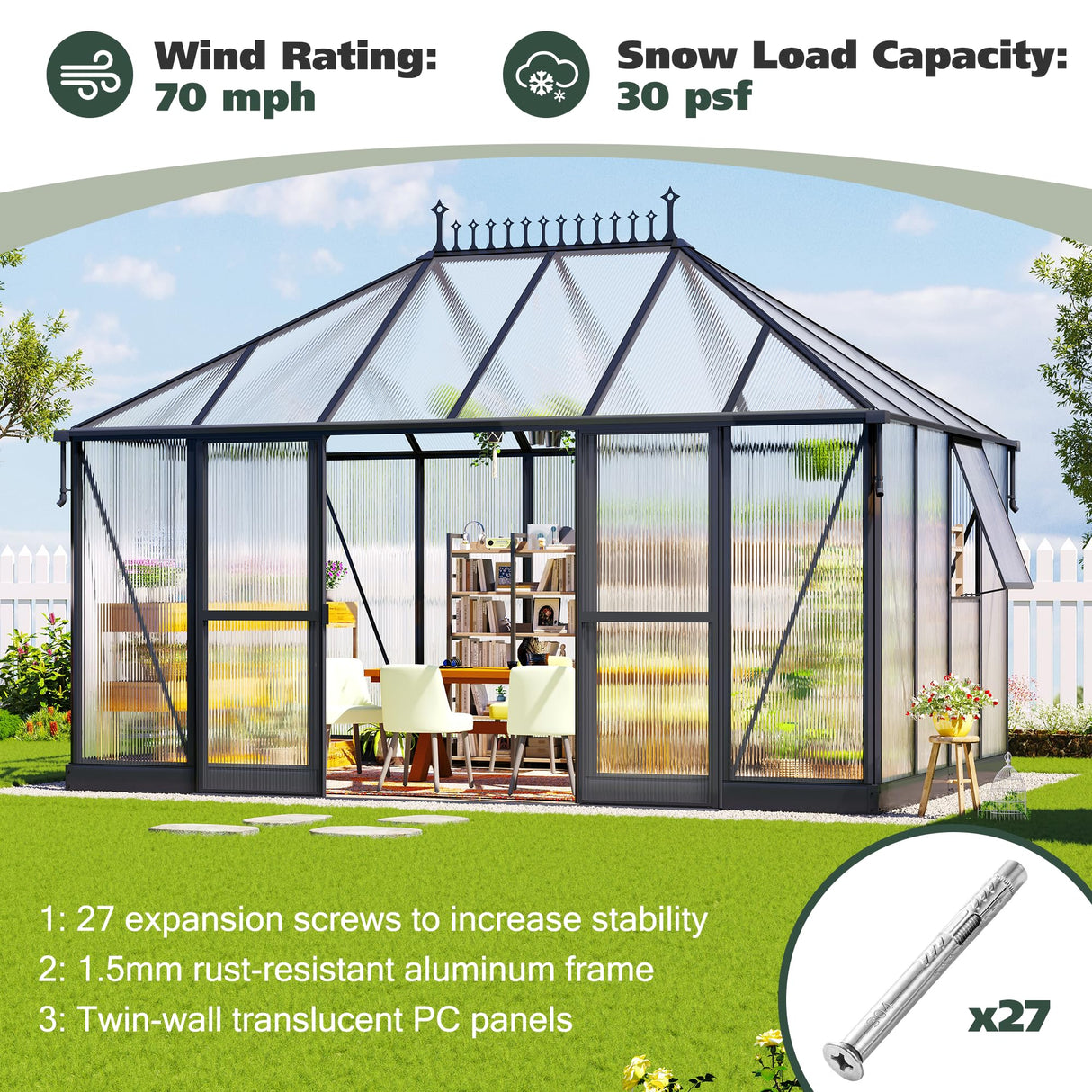 14x9.7x10 FT Polycarbonate Greenhouse for Outdoors, Large Winter Greenhouse Sunroom with 2 Adjustable Windows &Sliding Door, Walk-in Design with Aluminum Frame for Patio, Garden gohonei