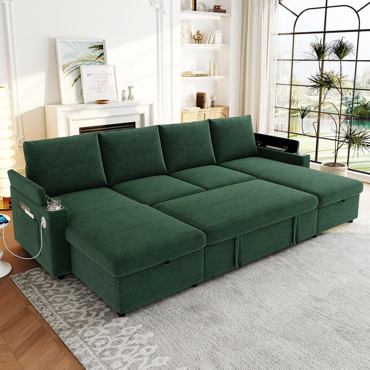 LUMISOL Convertible Sectional Sleeper Sofa Bed, 110" U-Shaped Sofa with Pull Out Bed, Corduroy 6-Seater Modular Couch with Double Storage Chaise, Cup Holders & USB Ports for Living Room, Green LUMISOL