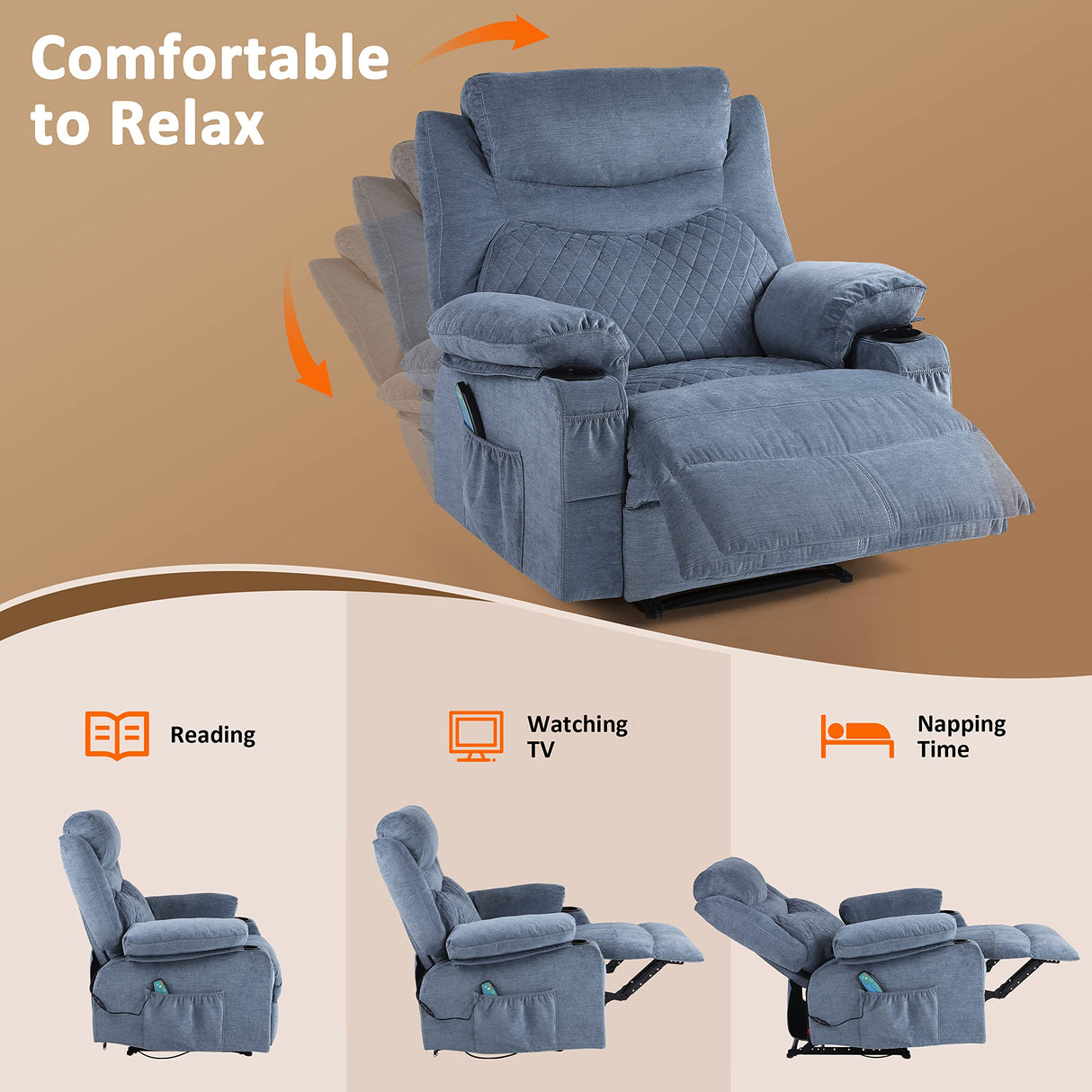 Comermax Fabric Massage Recliner Chairs with Heat Massaging Manual Reclining Chair Overstuffed Heated Recliners with Cup Holders for Adults Blue Comermax