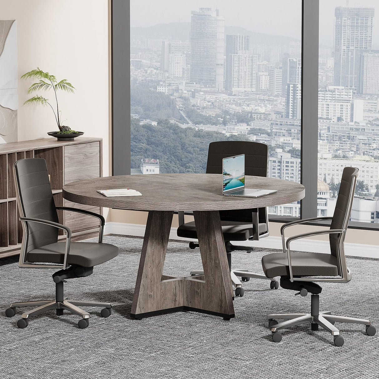 Tribesigns 47-Inch Round Conference Table for 4-6 People, Wooden Meeting Room Table with Thicken Tabletop and Wood Base (Grey) Tribesigns