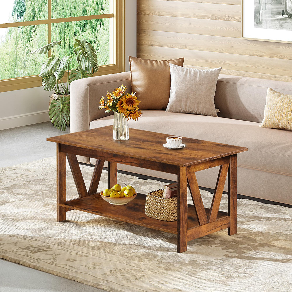 WLIVE Coffee Table with Storage Shelf, 39.4" Farmhouse Coffee Table with V-Frame Support, 2-Tier Wood Rustic Center Table for Living Room, Bedroom & Balcony, Rustic Brown WLIVE