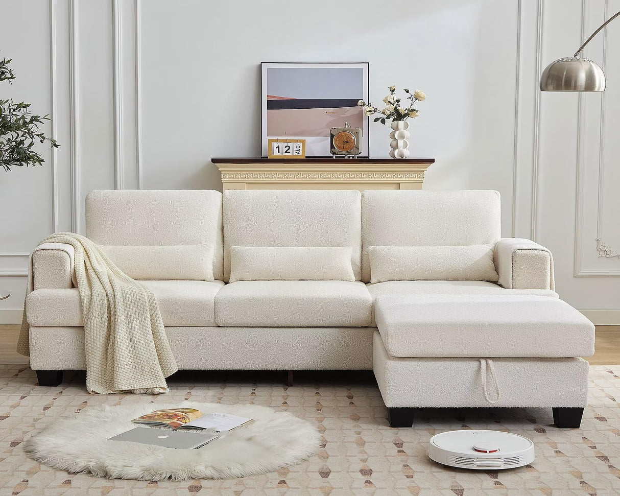 Siiejia 88" Sectional Couches for Living Room, Comfy L Shaped Sofa Couch with Storage Ottoman & Pocket, Modern 3 Seater Boucle Couch with Lumbar Pillows for Apartment, Office, Easy Assembly, Beige Siiejia