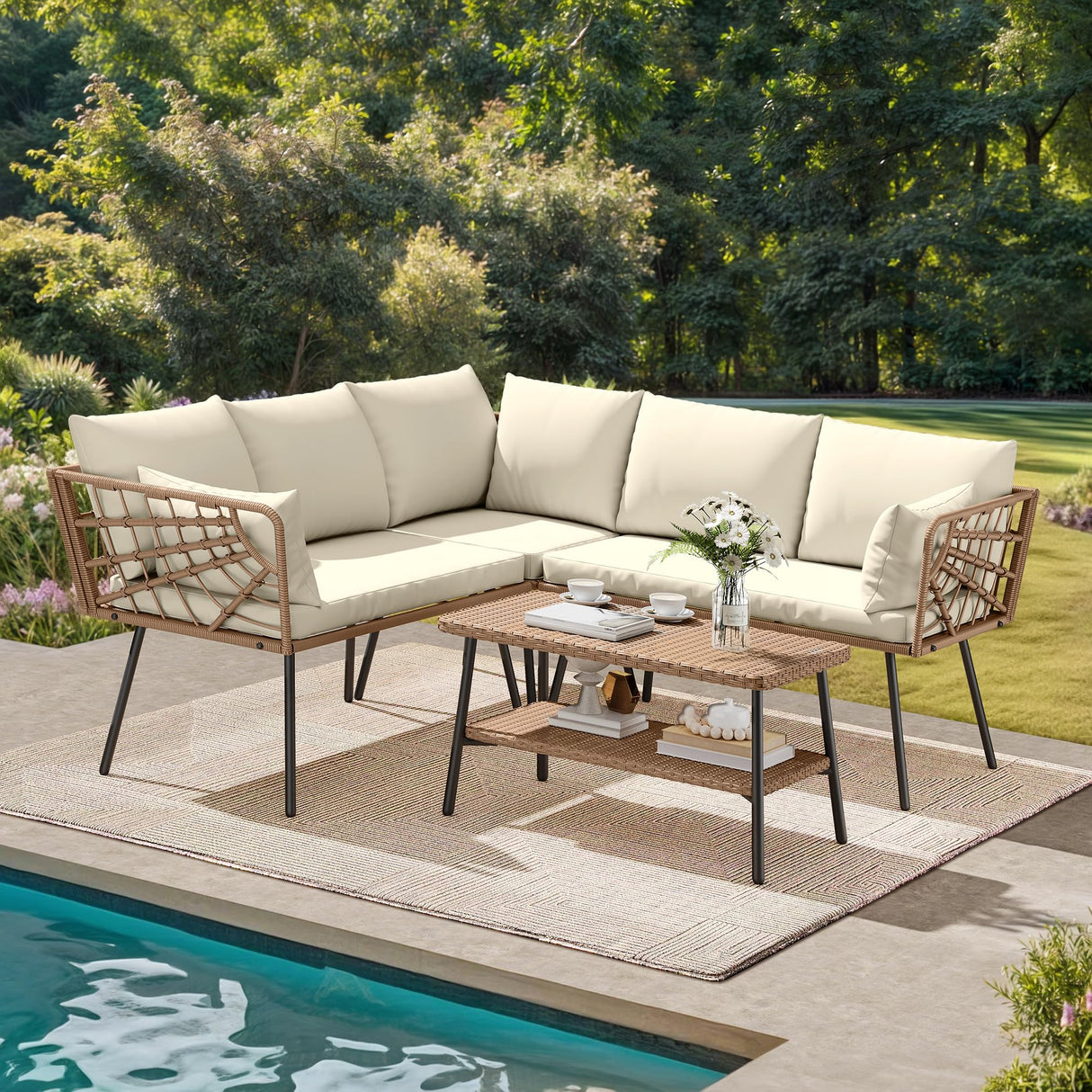 DWVO Outdoor Sectional Sofa Set 4 Piece 5-Seater Rattan Patio Furniture Set with 2-Tier Coffee Table&Cushions L Shape Outdoor Couch Boho Conversation Set for Garden Porch Backyard Relaxation DWVO