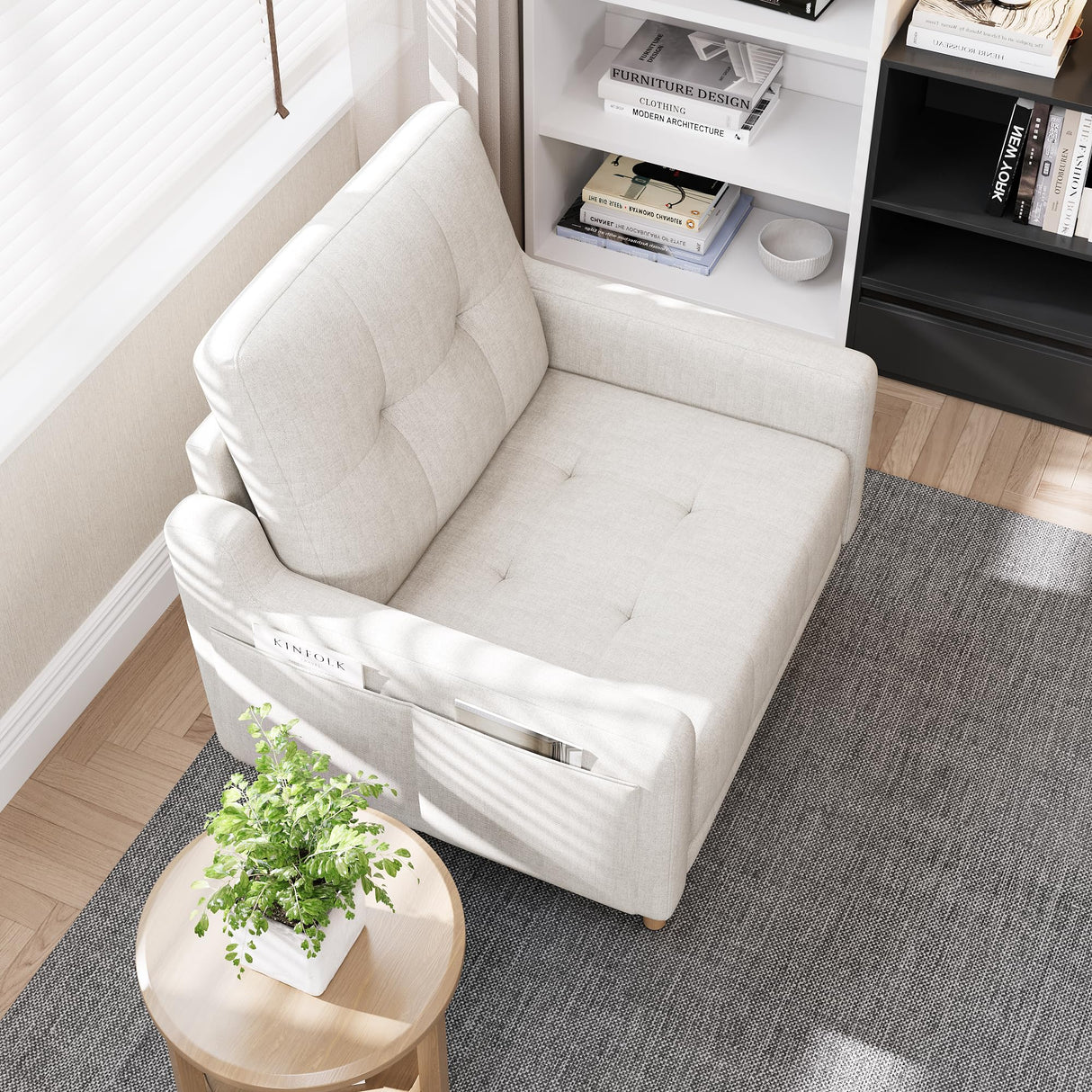 EJUNQ Mid Century Modern Accent Chair ,Upholstered Armchair,Comfy Reading Chair with Wood Legs,Fabric Single Sofa Chair for Living Room Bedroom Small Spaces(Ivory) EJUNQ