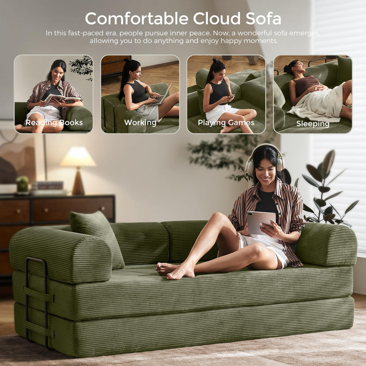 79" Convertible Sofa Bed with Fixed-Shape Frame & Removable Armrests, Modular Corduroy Sleeper Sofa, Folding Mattress Couch for Small Spaces - No Assembly Needed in Light Green (Includes 2 Pillows) SAVENICA