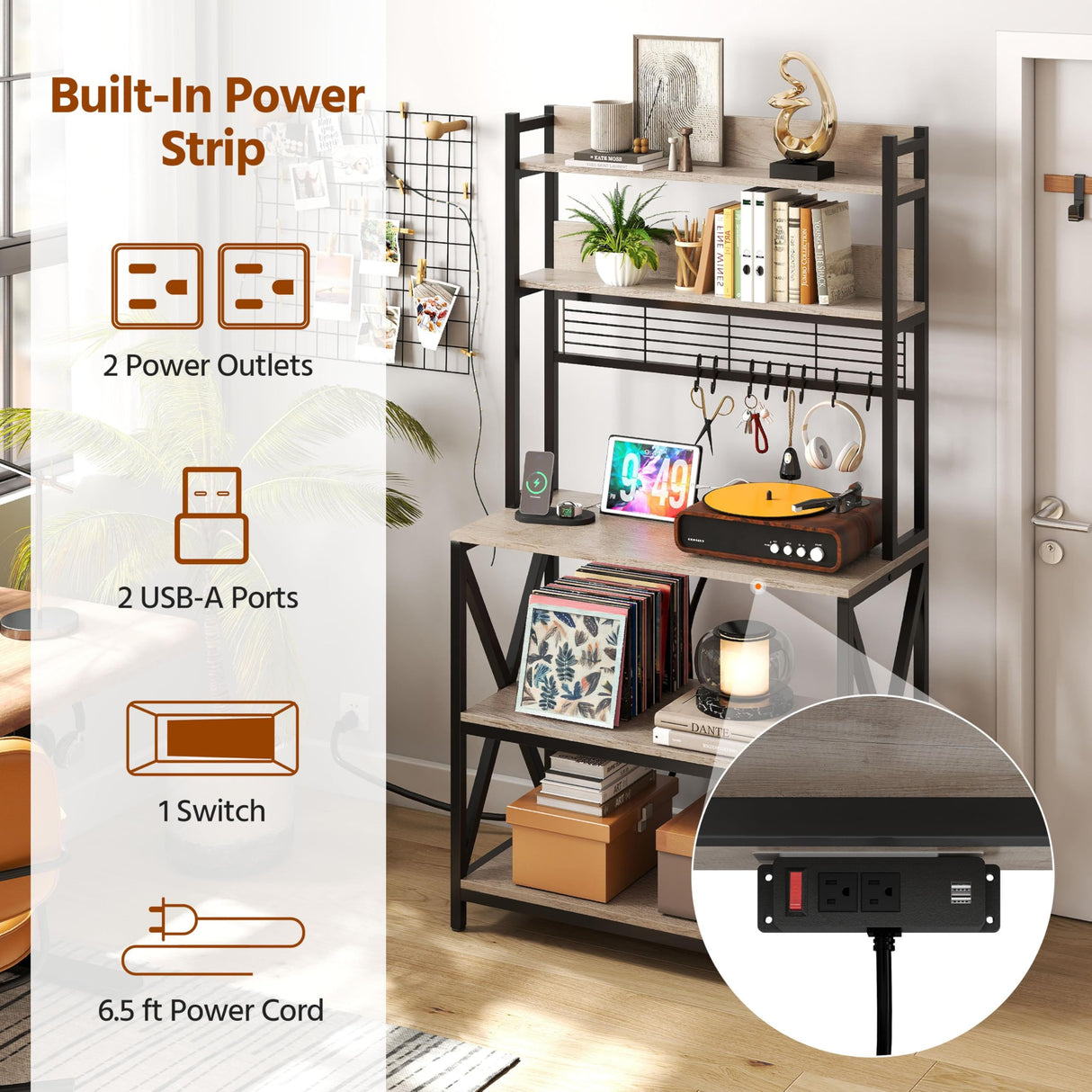 Yaheetech Kitchen Bakers Rack with Power Outlet & LED Lights, 5 Tiers Coffee Bar Table with 8 S Hooks, 64 Inches Tall Microwave Oven Stand with Storage for Spices, Pots, Gray Yaheetech