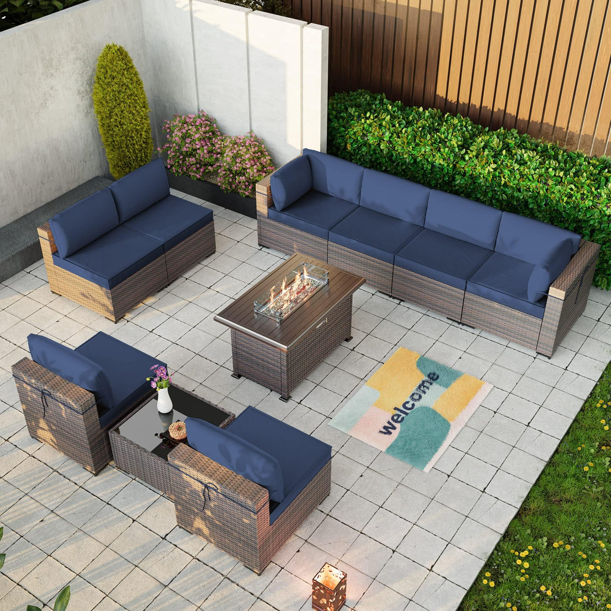Kullavik 10 Pieces Outdoor Patio Furniture Set with 43" Gas Propane Fire Pit Table PE Wicker Rattan Sectional Sofa Patio Conversation Sets,Navy Blue Kullavik