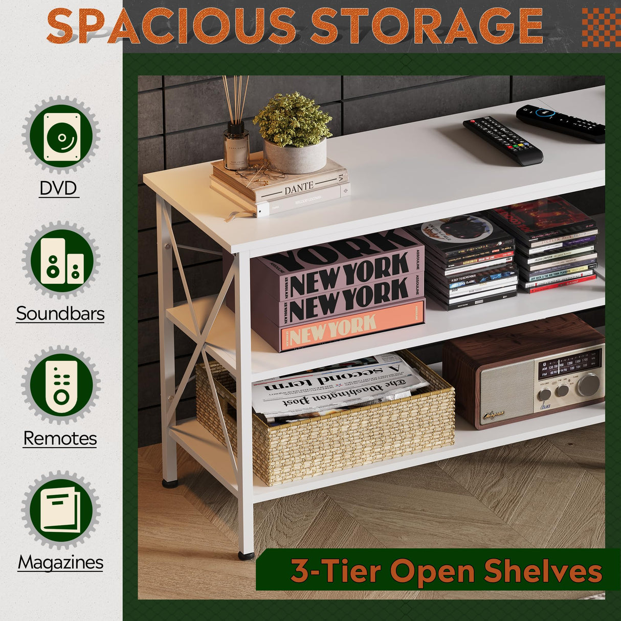 WLIVE TV Stand up to 70 Inch TV, 63" Entertainment Center, TV Media Console with 3-Tier Storage Shelves for Living Room and Bedroom, White WLIVE