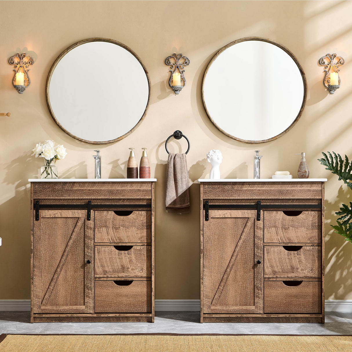 30" Farmhouse Bathroom Vanity with Sink, Bathroom Vanity w/Sliding Barn Door, Modern Bathroom Cabinet w/3 Drawers & Adjustable Shelves, Floor Standing Bathroom Vanity w/Metal Handle, Light Brown Aitjunz