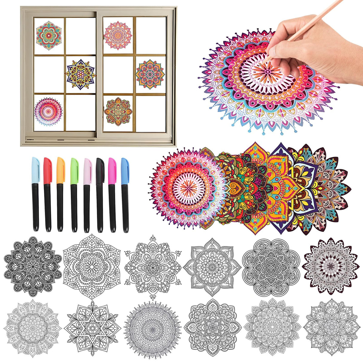 Mandala Designs Suncatcher Window Art Kit, 12 Pcs DIY Window Clings with MarkersYour Own Stained Glass Mandala Art Kit for for Home Decorations Perfect Hobby for Women, Elderly Gorofit