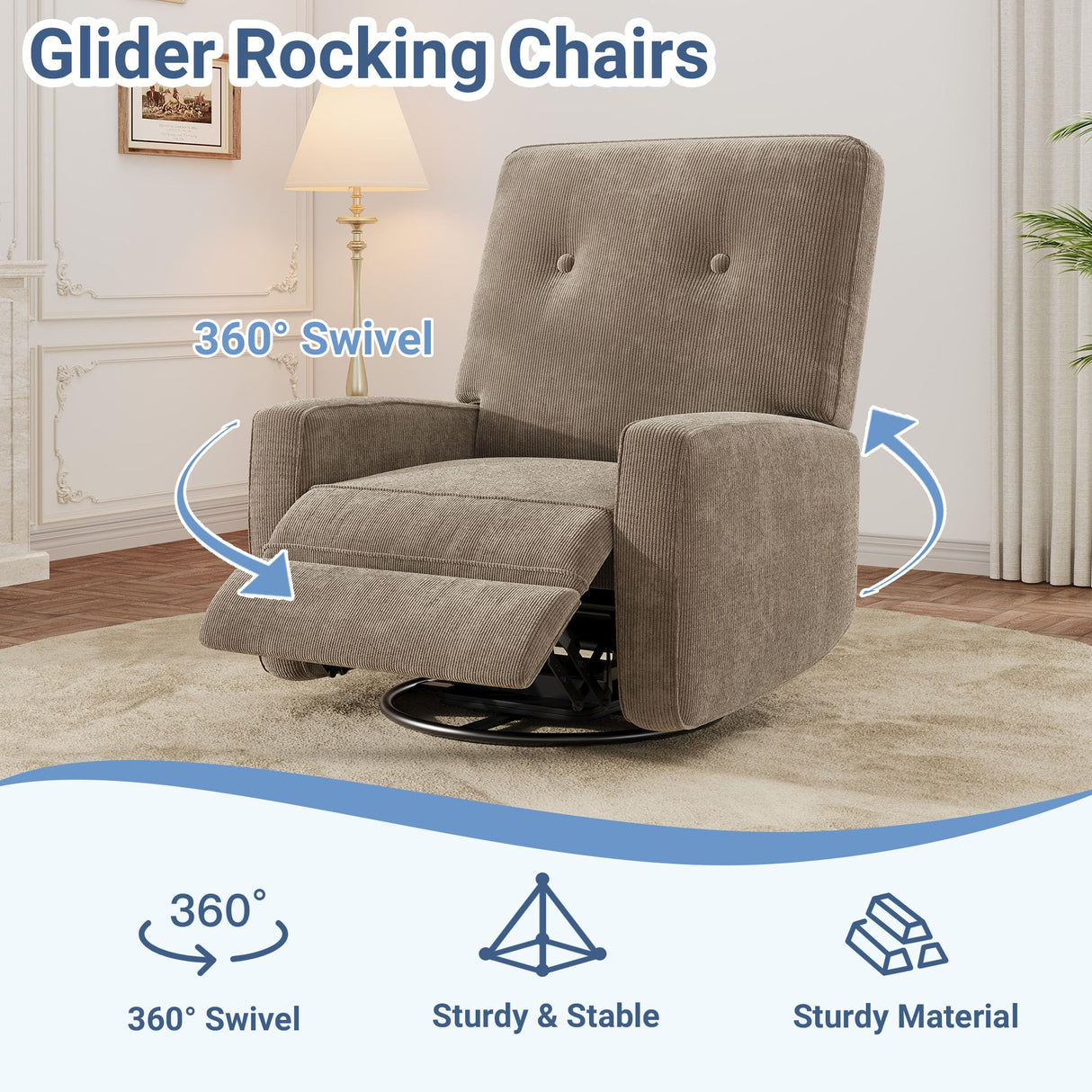 Garvee Nursery Recliner Chair, 360° Swivel Rocking Glider Chair for Adults with Adjustable Backrest & Footrest, Cozy Corduroy Upholstered Armchair for Living Rooms, Bedrooms, Apartments, Light Brown Garvee