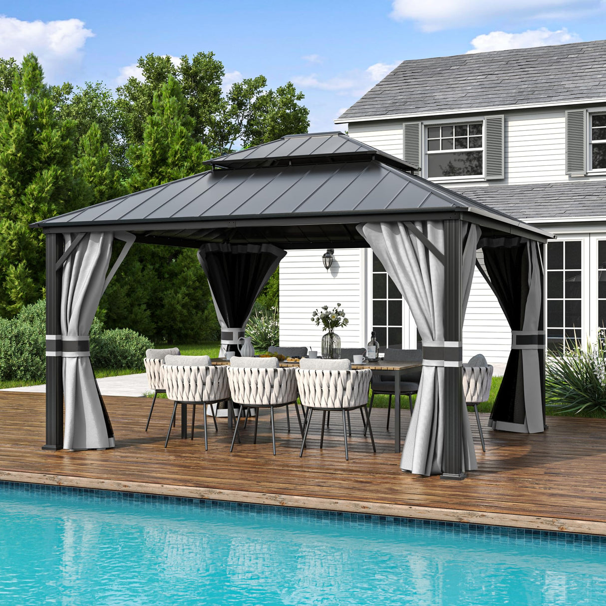 Amopatio 12' X 14' Hardtop Gazebo Permanent Aluminum Gazebos with Galvanized Steel Double Roof for Patio Lawn and Garden,Included Curtains & Mosquito Netting,Grey Amopatio