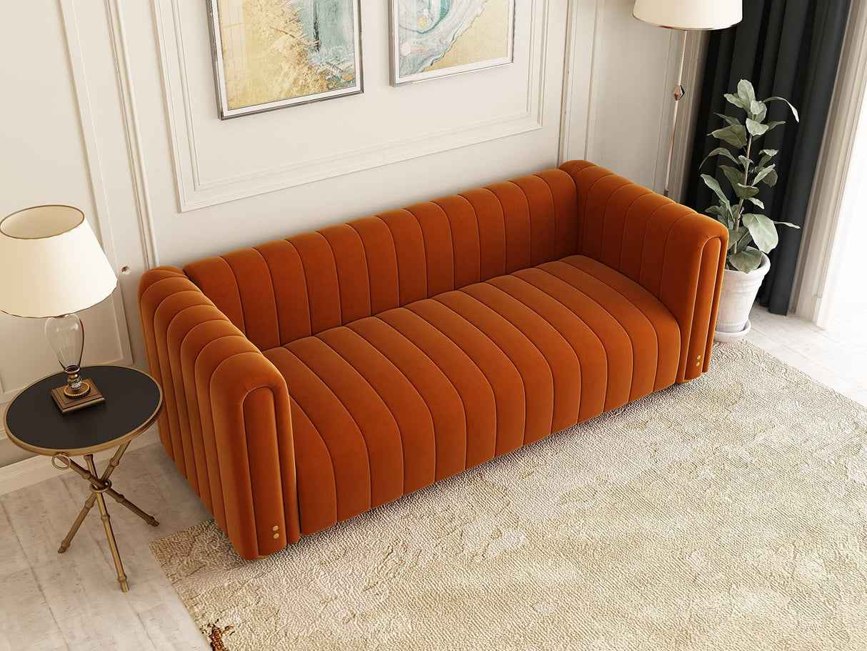 STORFENBOR 81" Orange Velvet Sofa Mid Century Modern Couch for 3 Person Chesterfield Tufted Velvet Couches for Living Room Apartment Bedroom Office STORFENBOR