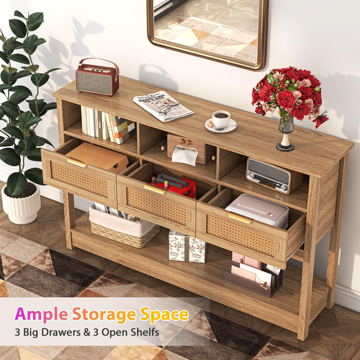 knoworld Rattan Console Table, Entryway Table Sofa Table with Storage, Hallway Foyer Table Behind Couch Table, Wood Console Tables Open Storage Shelf for Living Room, Hallway knoworld