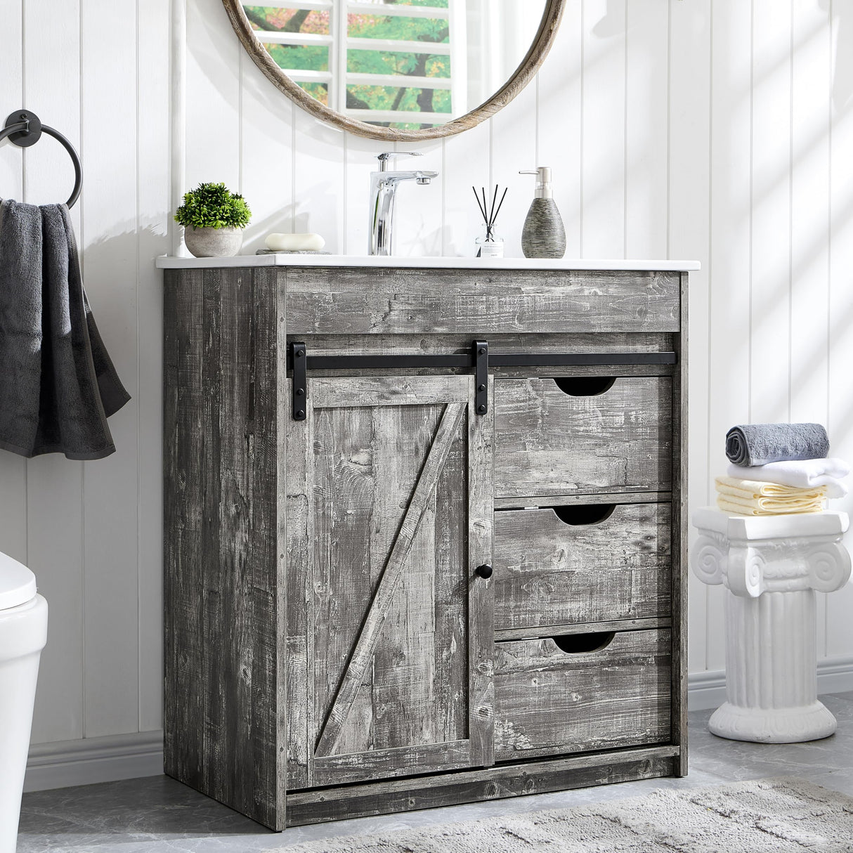 Aitjunz 30" Farmhouse Bathroom Vanity with Sink, Freestanding Bathroom Storage Vanity Cabinet w/Sliding Barn Door & 3 Drawers, Adjustable Shelves, Light Grey Aitjunz