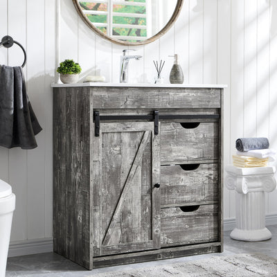 Aitjunz 30" Farmhouse Bathroom Vanity with Sink, Freestanding Bathroom Storage Vanity Cabinet w/Sliding Barn Door & 3 Drawers, Adjustable Shelves, Light Grey