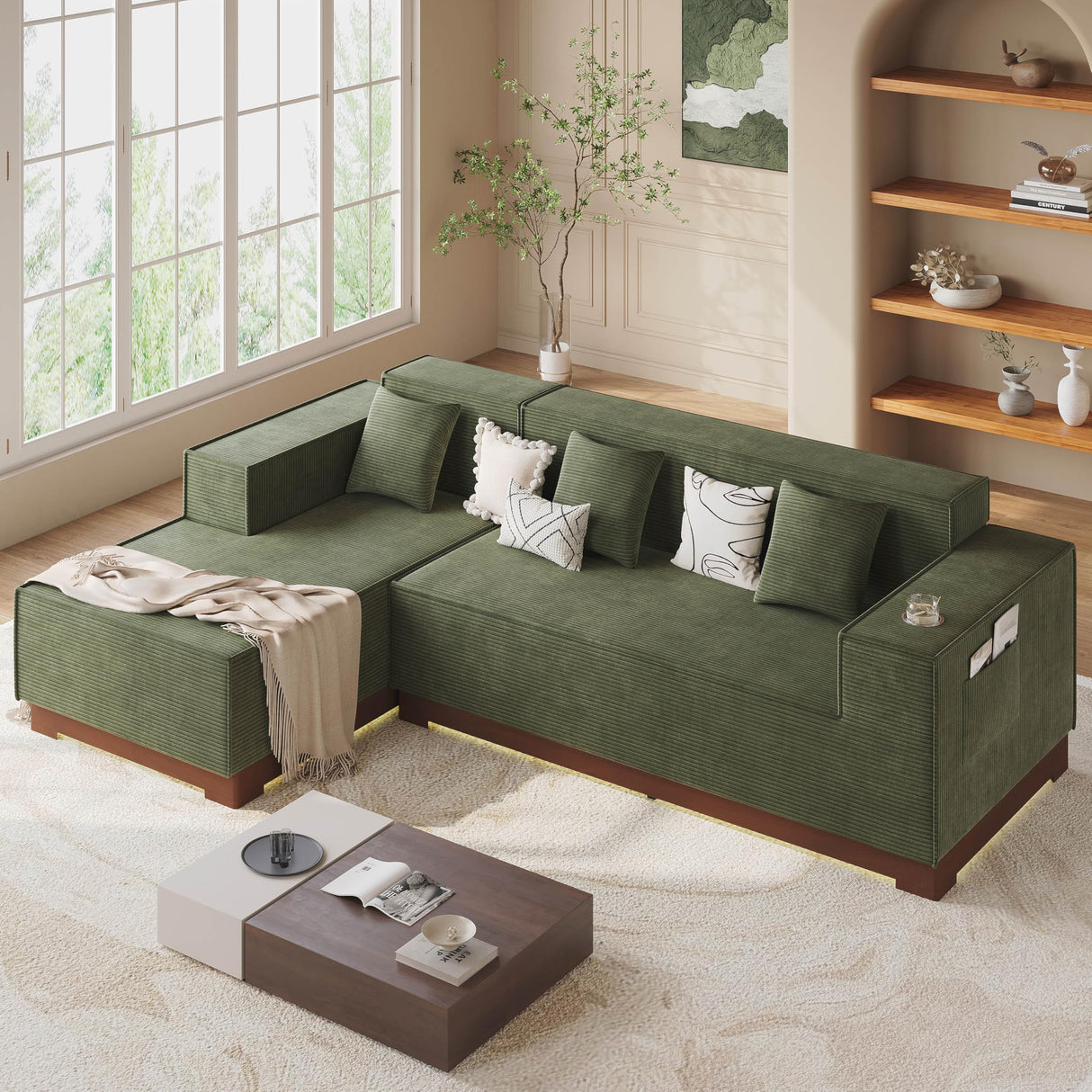 LIKIMIO 110” L-Shaped Sofa with LED Lights, Cloud Boneless Couch with Oversized Chaise, Deep Seat, Built-in Holder & Storage Pocket, Upholstered Couches for Living Room and Apartment, Green LIKIMIO