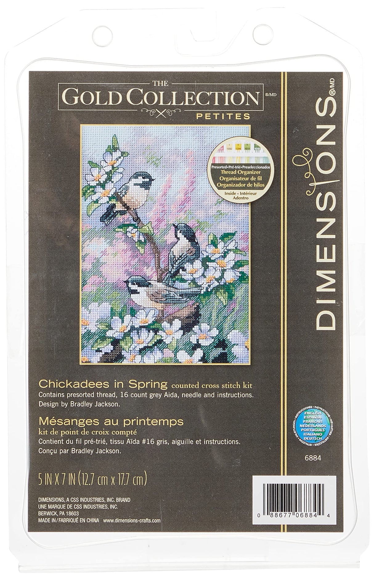 Dimensions Gold Collection Counted Cross Stitch Kit, Chickadees in Spring, 16 Count Dove Grey Aida, 5'' x 7'' Dimensions