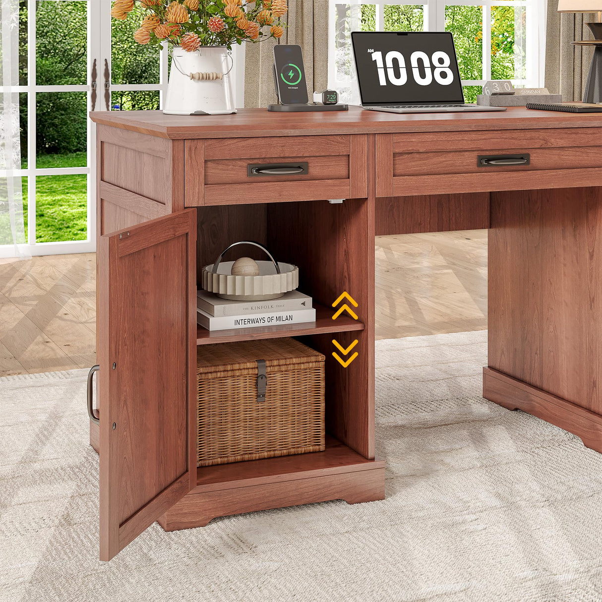 Whalefall Executive Desk with Drawers, 55'' Farmhouse Desk Wooden, Home Office Computer Desk with File Cabinet and Charging Station, Cherry Brown Whalefall