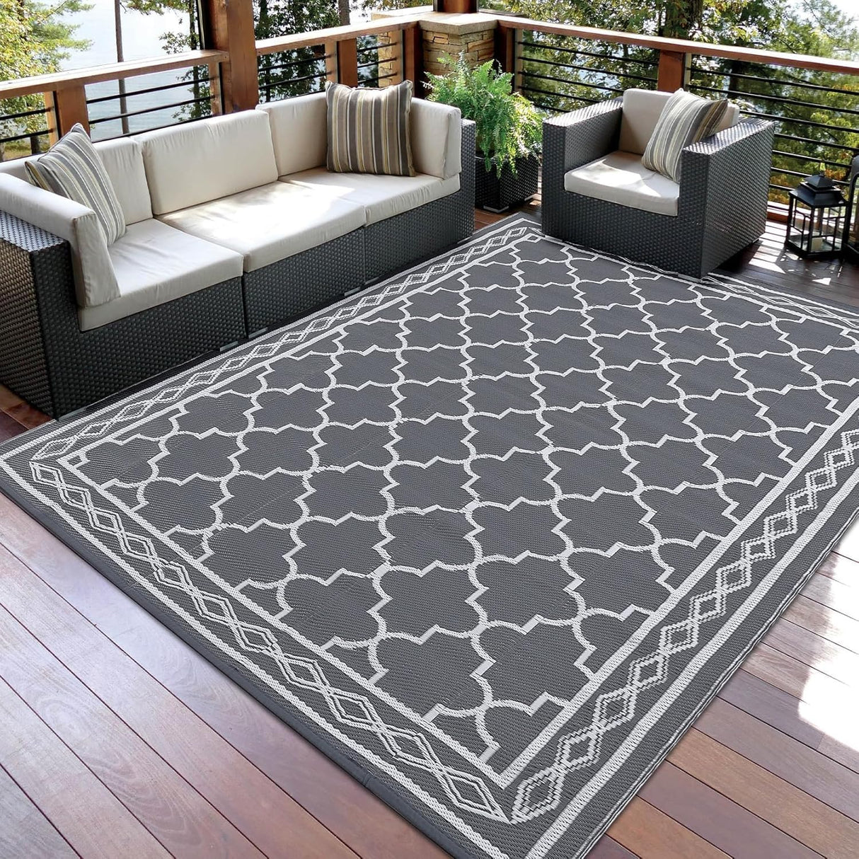 Garvee Outdoor Rug for Patio Clearance, 10 ft x14 ft Waterproof Large Camping Mat, Reversible Plastic Straw Rugs for RV, Camper, Balcony, Backyard, Picnic, Deck (Grey/White) Garvee