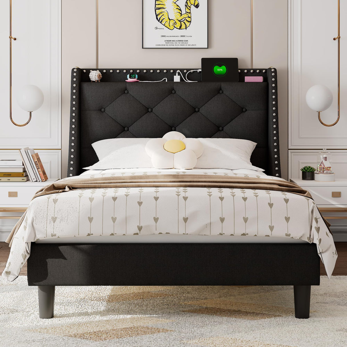 Feonase Twin Bed Frame with Luxury Wingback Upholstered Button Tufted Storage Headboard, Twin Platform Bed with Charging Station, Sturdy Wooden Slats Support, Noise-Free, Easy Assembly, Black Feonase