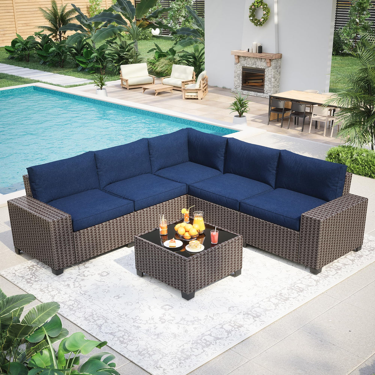 GAOMON 6 Pieces Outdoor Patio Furniture Set, Wicker Patio Conversation Set Sectional Sofa, Brown Patio Sofa with 5 Navy Blue Seat Cushions and 1 Glass Coffee Table GAOMON