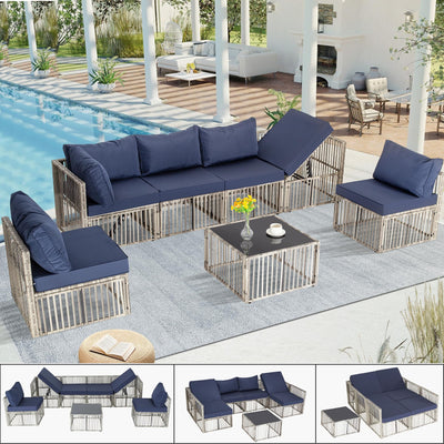 FHFO 7 Pieces Outdoor Patio Furniture Set, Wicker Outdoor Sectional Conversation Couch Set with Adjustable Backrest Sofa, Thick Cushion & Coffee Table for Garden, Porch, Poolside, Grey/Blue