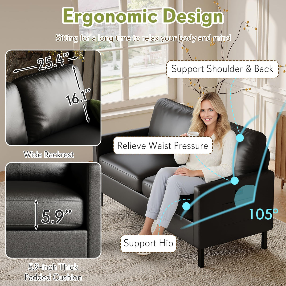 STHOUYN 56" W Faux Leather Loveseat w/ 2 USB, Black Love Seat w/Side Pockets, Small Loveseat for Small Space, Leather Couch for Bedroom, Apartment, Dorm, Black STHOUYN