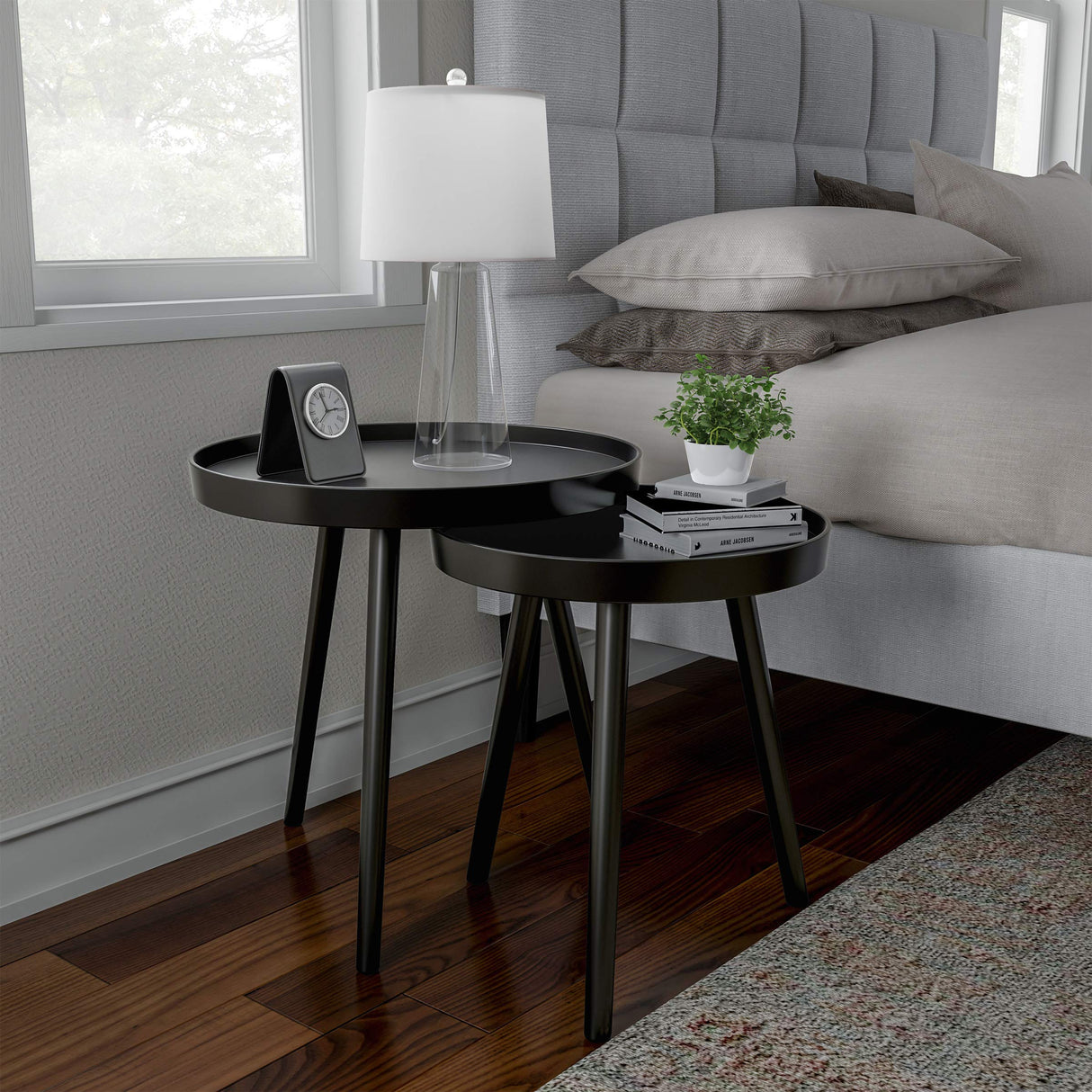 Nesting Side Tables - Set of 2 Round End Tables for Living Room, Bedroom, or Home Office - Accent Table Set with Tray Tops - Mid-Century Modern Living Room Furniture by Lavish Home (Black) Lavish Home