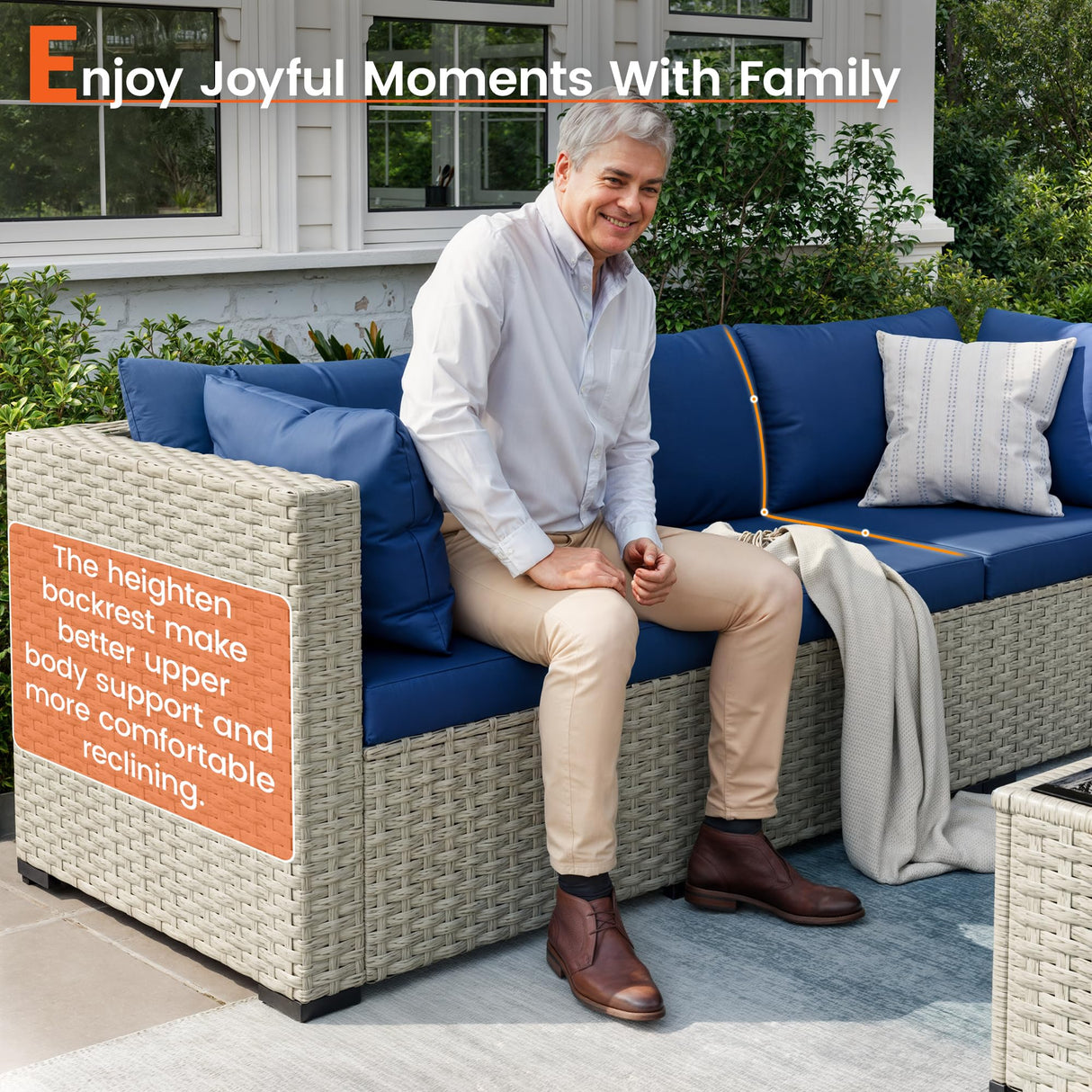 VONZOY Patio Furniture Set, 7-Piece Outdoor Sectional All-Weather Wicker Patio Conversation Set for Backyard (Navy Blue Cushions with Grey Rattan) VONZOY