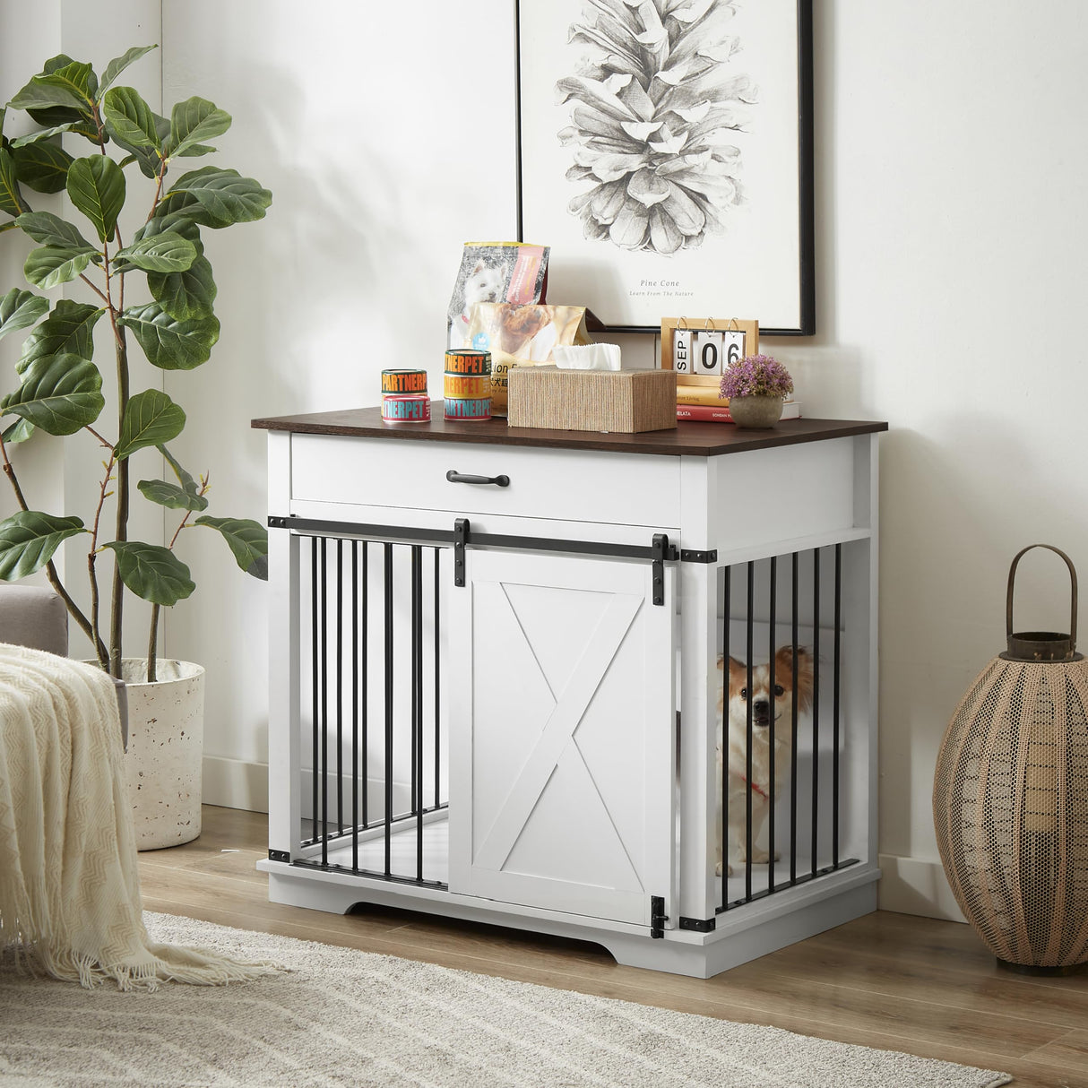 Aoowow Dog Crate Furniture 38" Wooden Dog Kennel Indoor with Sliding Barn Door,Heavy Duty Dog Crate Decorative Dog House with Drawer Dog Cage End Table for Small Medium Dogs,White Aoowow