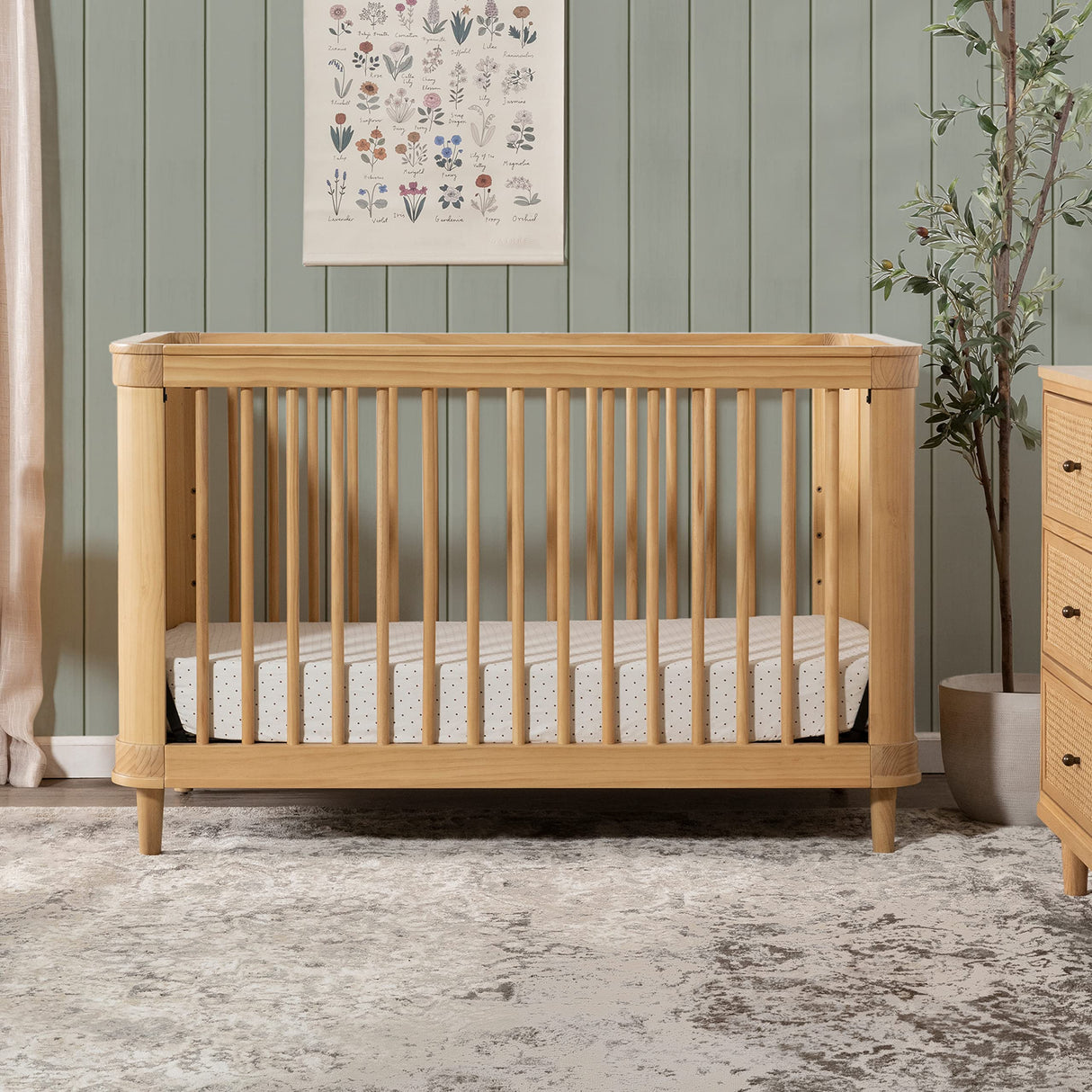 NAMESAKE Marin with Cane 3-in-1 Convertible Crib in Honey and Honey Cane, Greenguard Gold Certified NAMESAKE