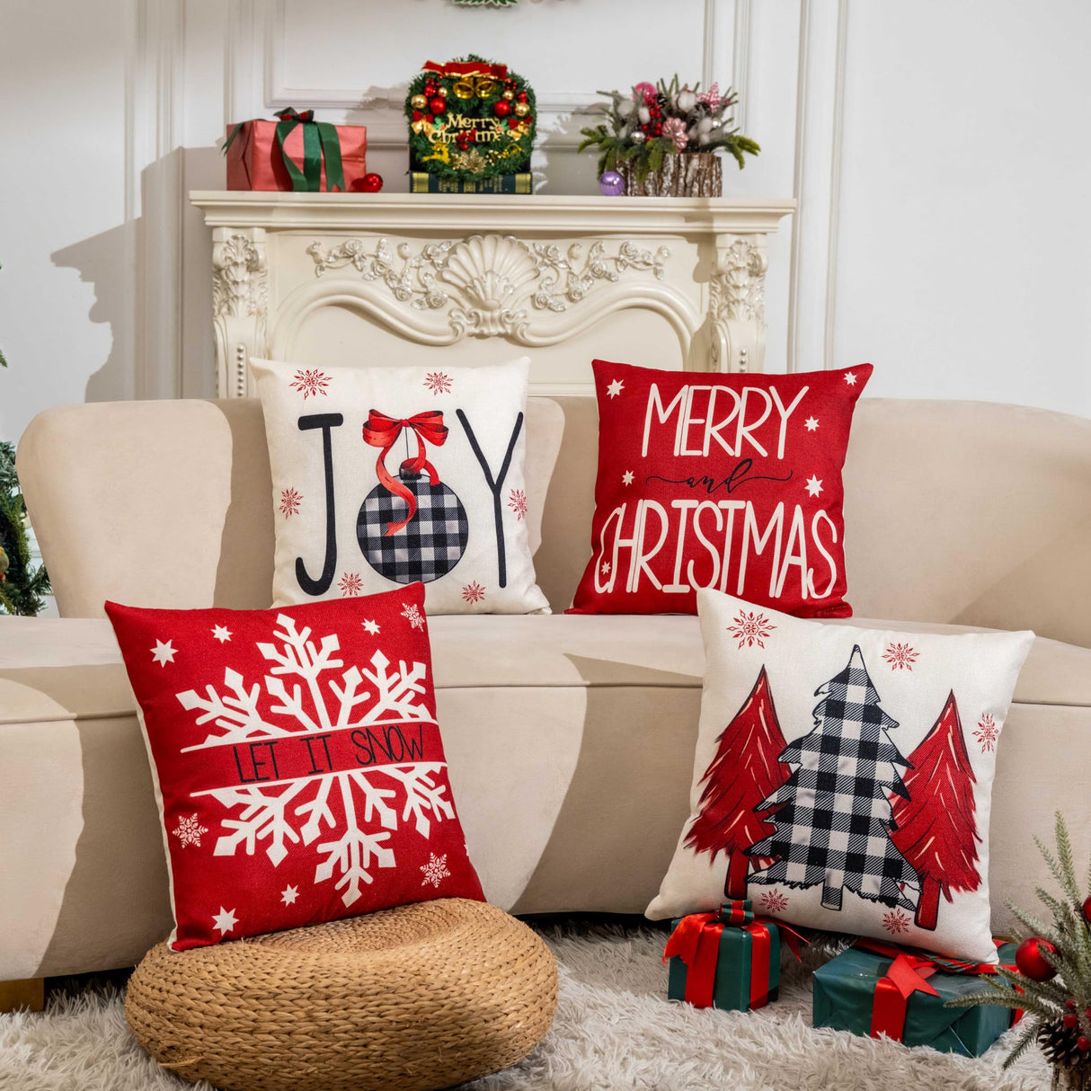 Red Christmas Decorations-Throw Pillow Covers 18x18 in Set of 4,Decorative Joy Snowflake Pillow Case for Couch Sofa Winter Holiday Indoor Outdoor Home Red White Xams Decorations Hongsome