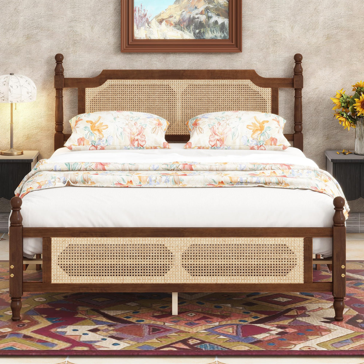 DNChuan Queen Size Platform Bed with Retro Style Rattan Headboard and Footboard,4-Post Wood Bed Frame with Central Enhanced,No Box Spring Needed, Walnut DNChuan