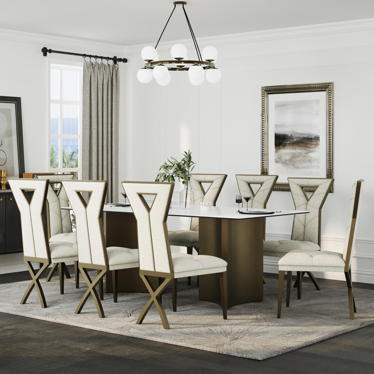 Anewsun 9 Piece Dining Table Set, Brushed Bronze Dining Room Table Set with 78 inch White Stone Table and 8 White Chenille Dining Chairs Anewsun