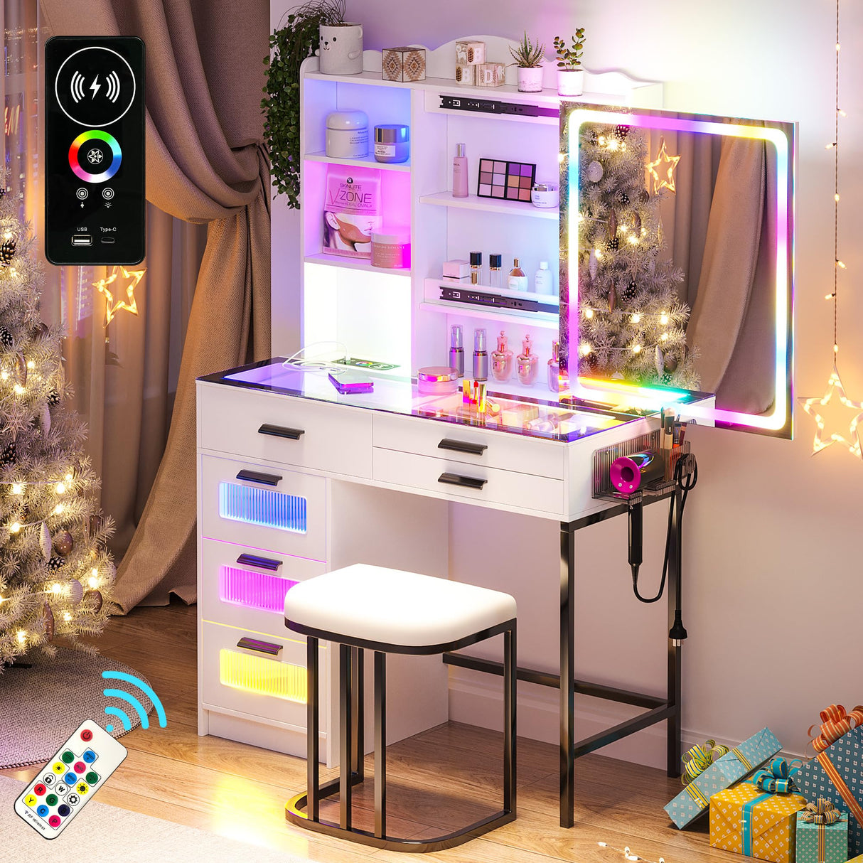 WOOVIVS RGB Vanity Desk with Sliding Mirror and Lights, LED Makeup Vanity with Charging Station/Motion Sensor Light, Glass Top Vanities Dressing Table Set with Jewelry Box,6 Drawers,Stool (White) WOOVIVS