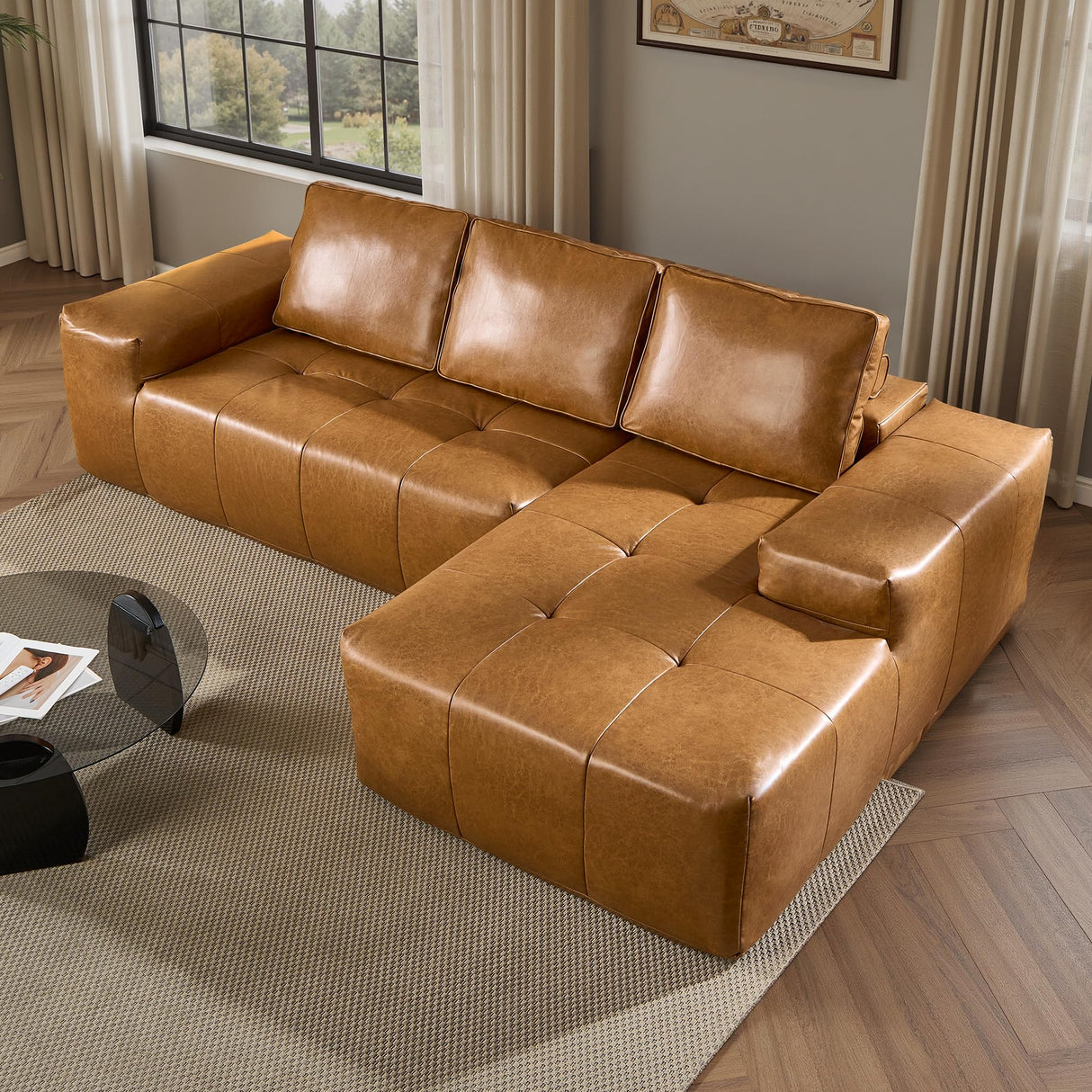 ovios Sectional Cloud Couch for Living Room, Modular Floor Sofa with Plush Corduroy, No Assembly Required, Big Comfy Couches Set with Fluffy Memory Foam, Stupendous U Shaped Sofas with Chaise, Brown ovios