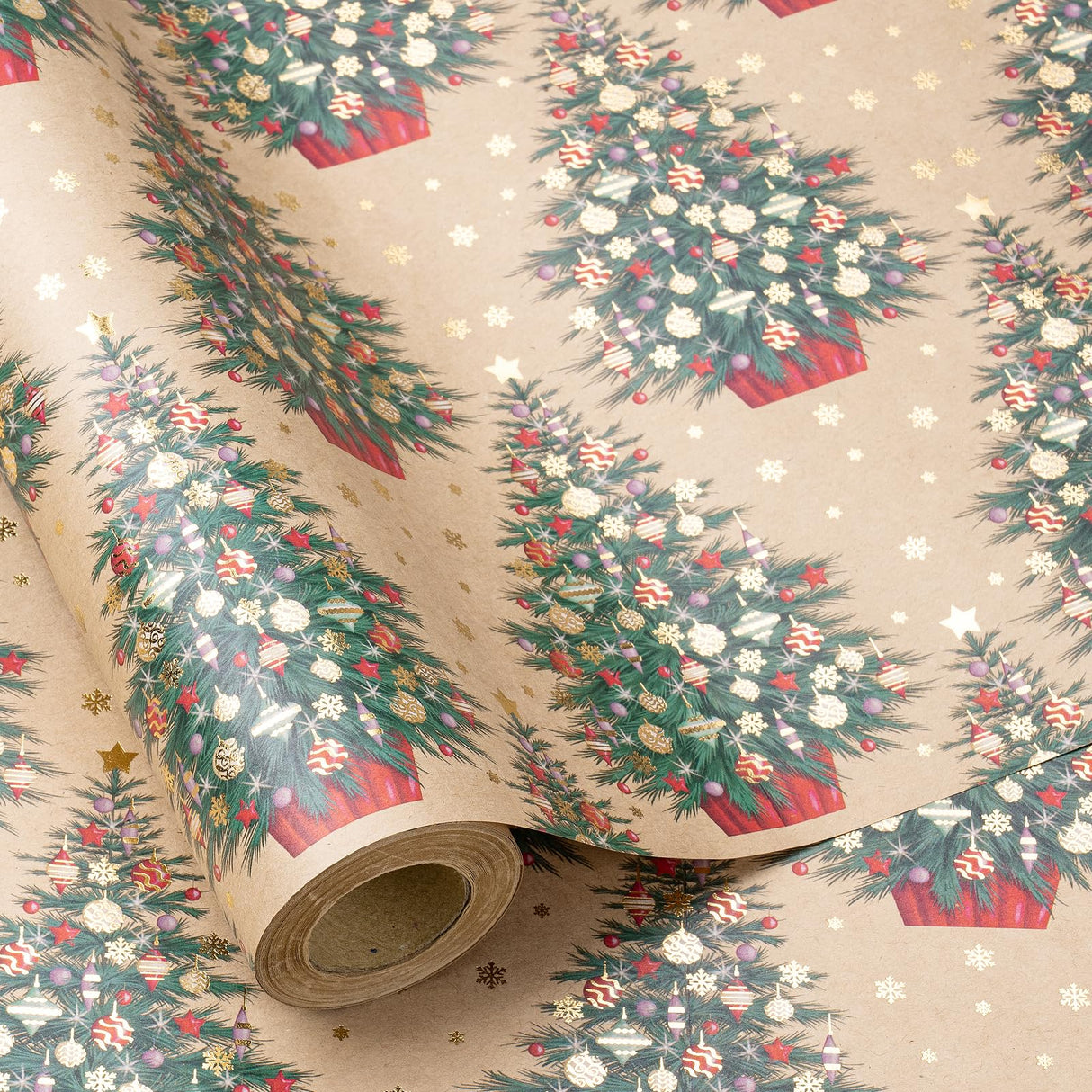 RUSPEPA Christmas Wrapping Paper Roll Gift Wrap - Mini Roll - Gold Foil Christmas Tree Kraft Wrapping Paper Roll, Great for Christmas, Winter and Holidays - 17 Inches X 16.4 Feet RUSPEPA