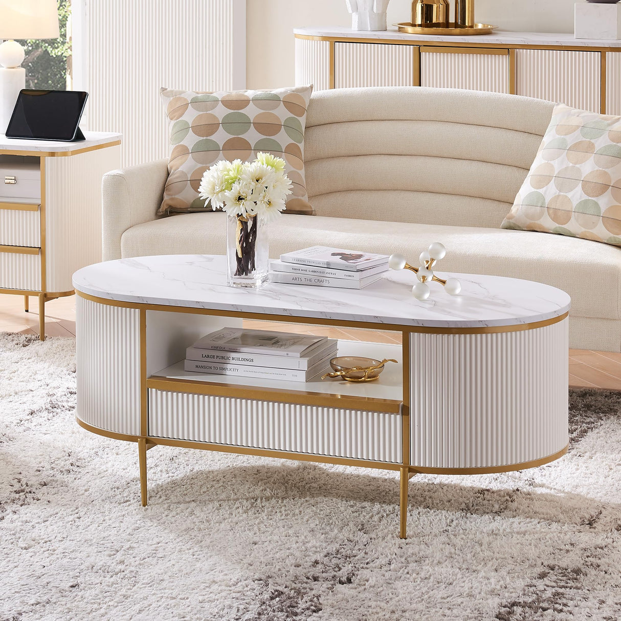 OKD Modern Luxury Fluted Coffee Table, 48" Oval Coffee Table with Drawer, Faux Marble Top, Curved Profile Design, Gold Metal Decor, Center Table for Living Room, Off White OKD