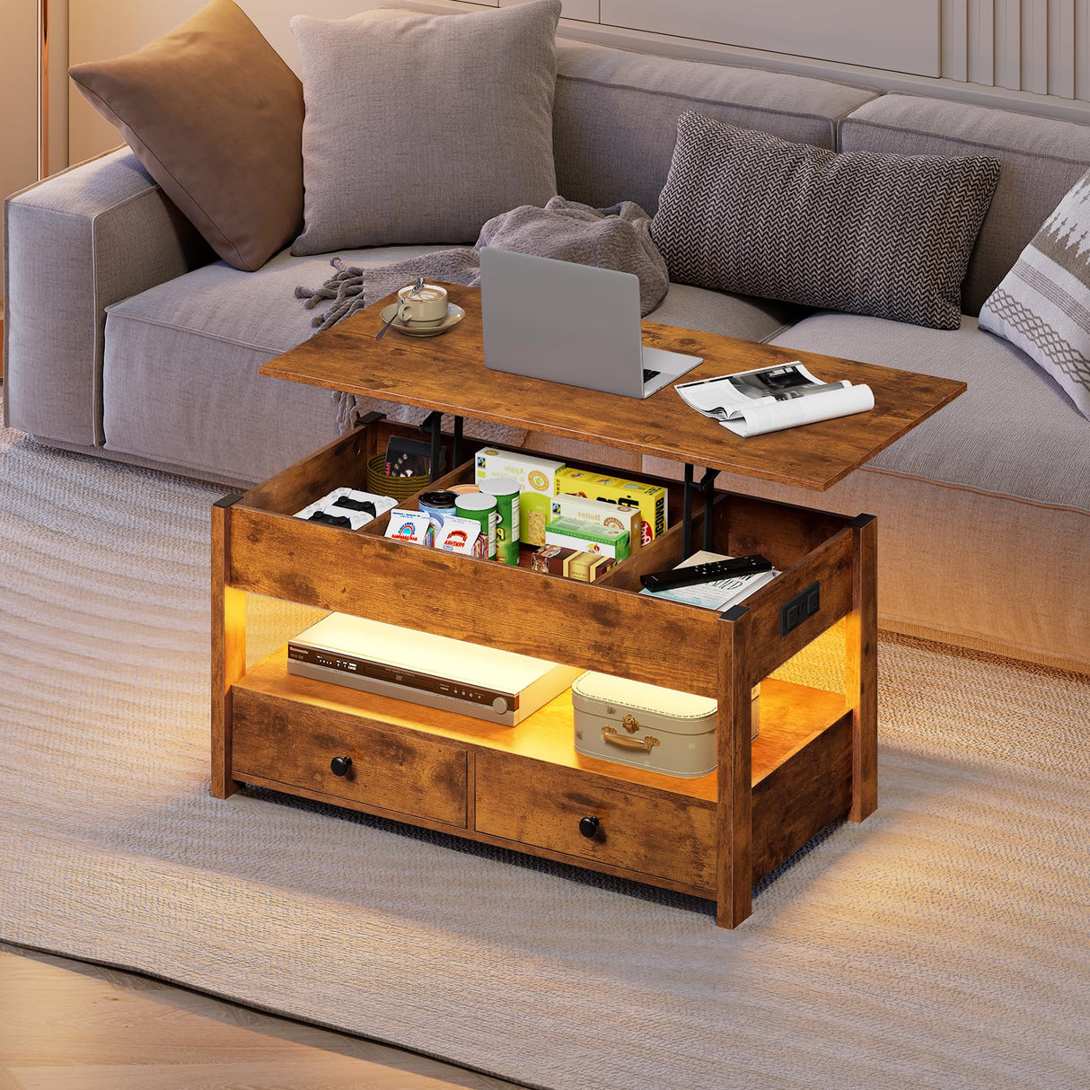 WLIVE Coffee Table, Lift Top Coffee Table with 2 Drawers, LED Light, Large Hidden Compartment and Open Shelf, Lift Tabletop, Dining Table for Living Room, Rustic Brown WLIVE