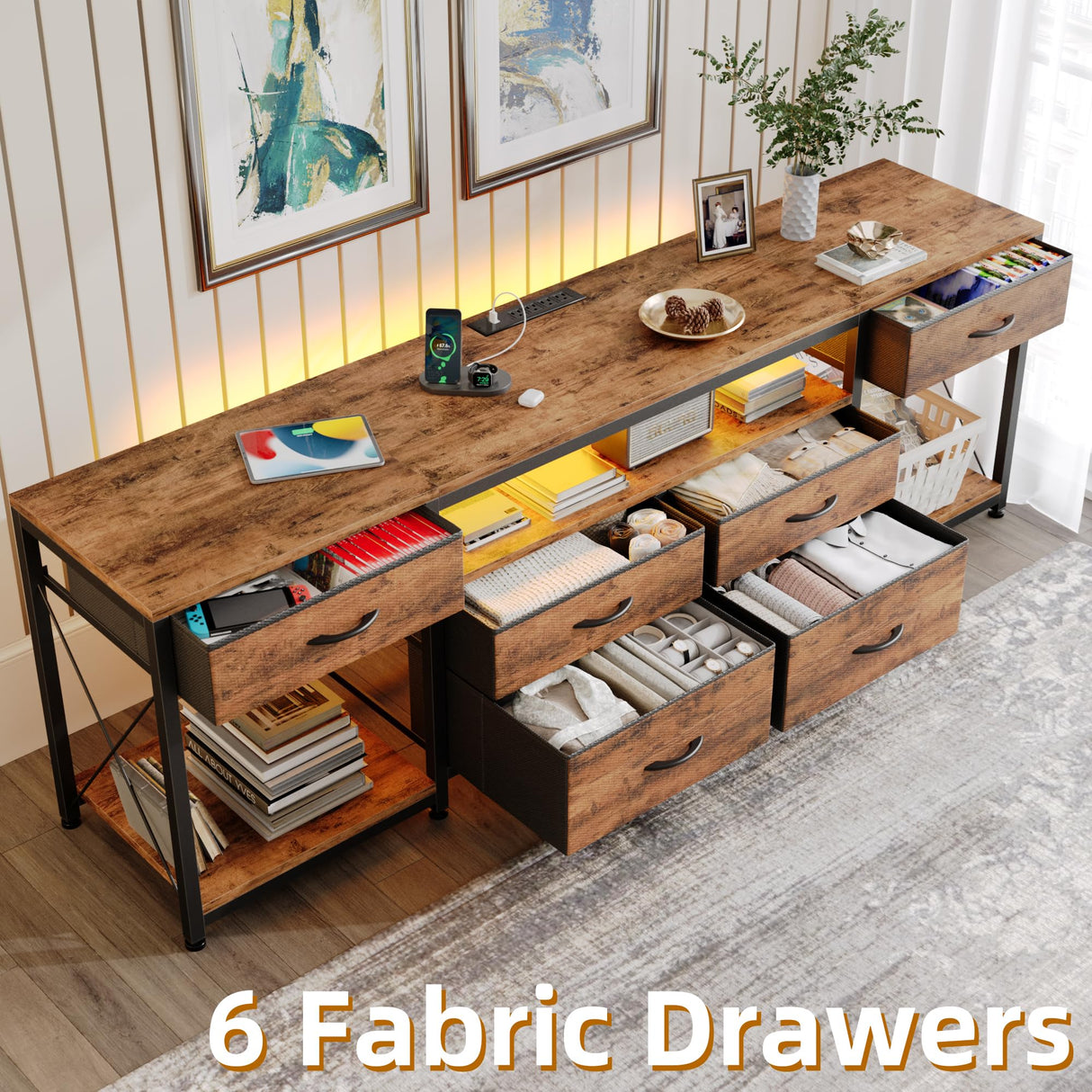 GYIIYUO LED TV Stand with 6 Fabric Drawers and Power Outlet for 65 70 75 Inch TVs, Entertainment Center with Open Storage Shelves, Dresser TV Stand for Bedroom/Living Room, Rustic Brown GYIIYUO