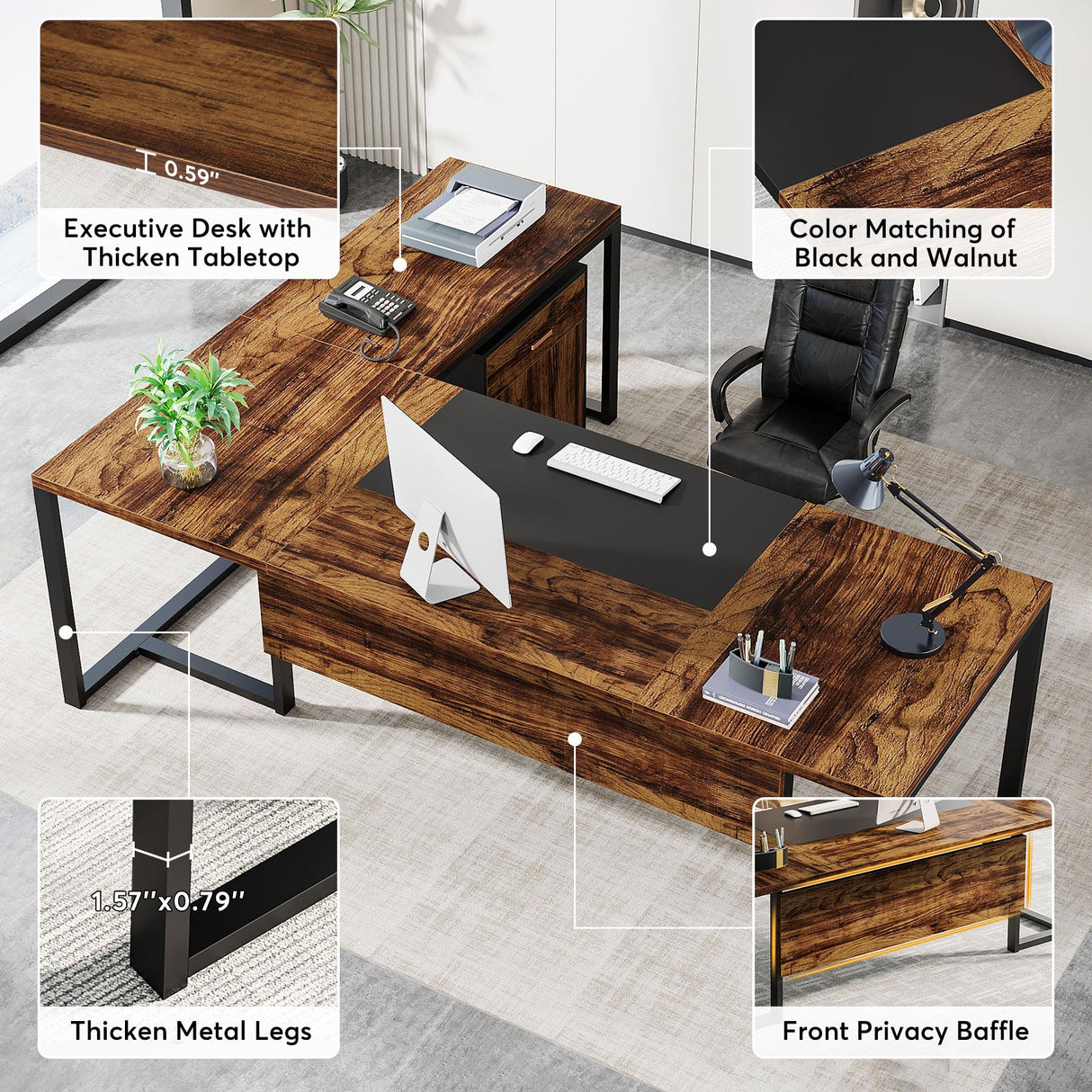 Tribesigns 70.8-Inch Executive Desk with File Cabinet, Large L Shaped Computer Desk with Storage Cabinet, L Shaped Desk with Drawer Cabinet, Rustic Brown & Black Tribesigns