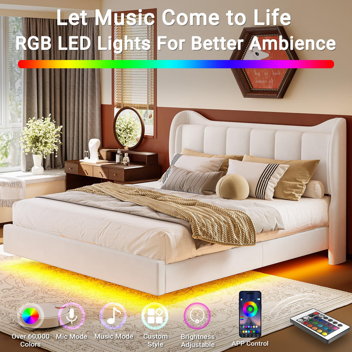 LIKIMIO King Bed Frame with Headboard, Velvet Upholstered Platform Bed with LED Light, Solid Wood Slats Support, No Box Spring Needed, Cream LIKIMIO