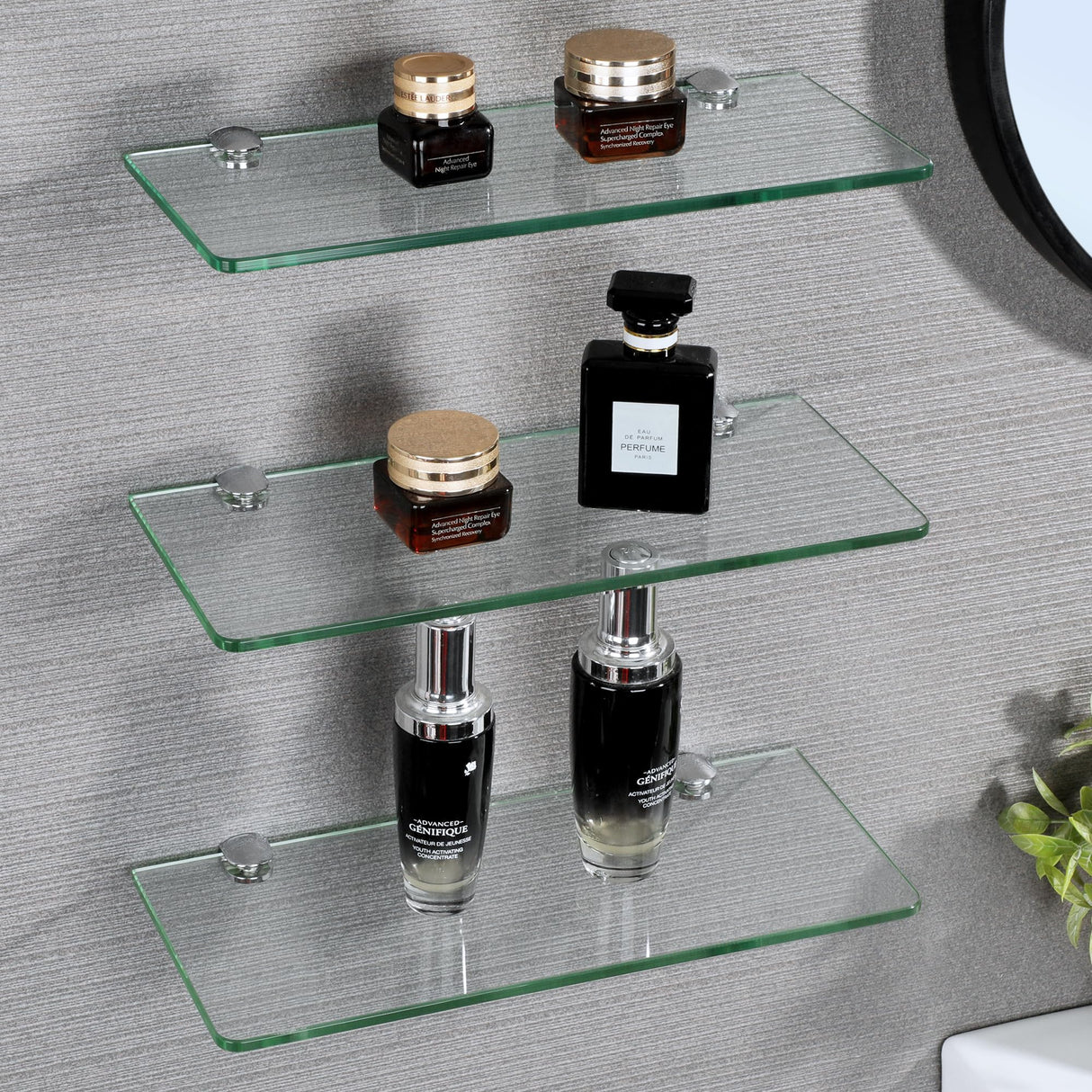 SAYAYO Glass Floating Shelves for Wall, Tempered Glass Shelves for Bathroom, Living Room, Bedroom, Office, Toilet, Kitchen Decor, 12Inch Set of 3, Clear SAYAYO