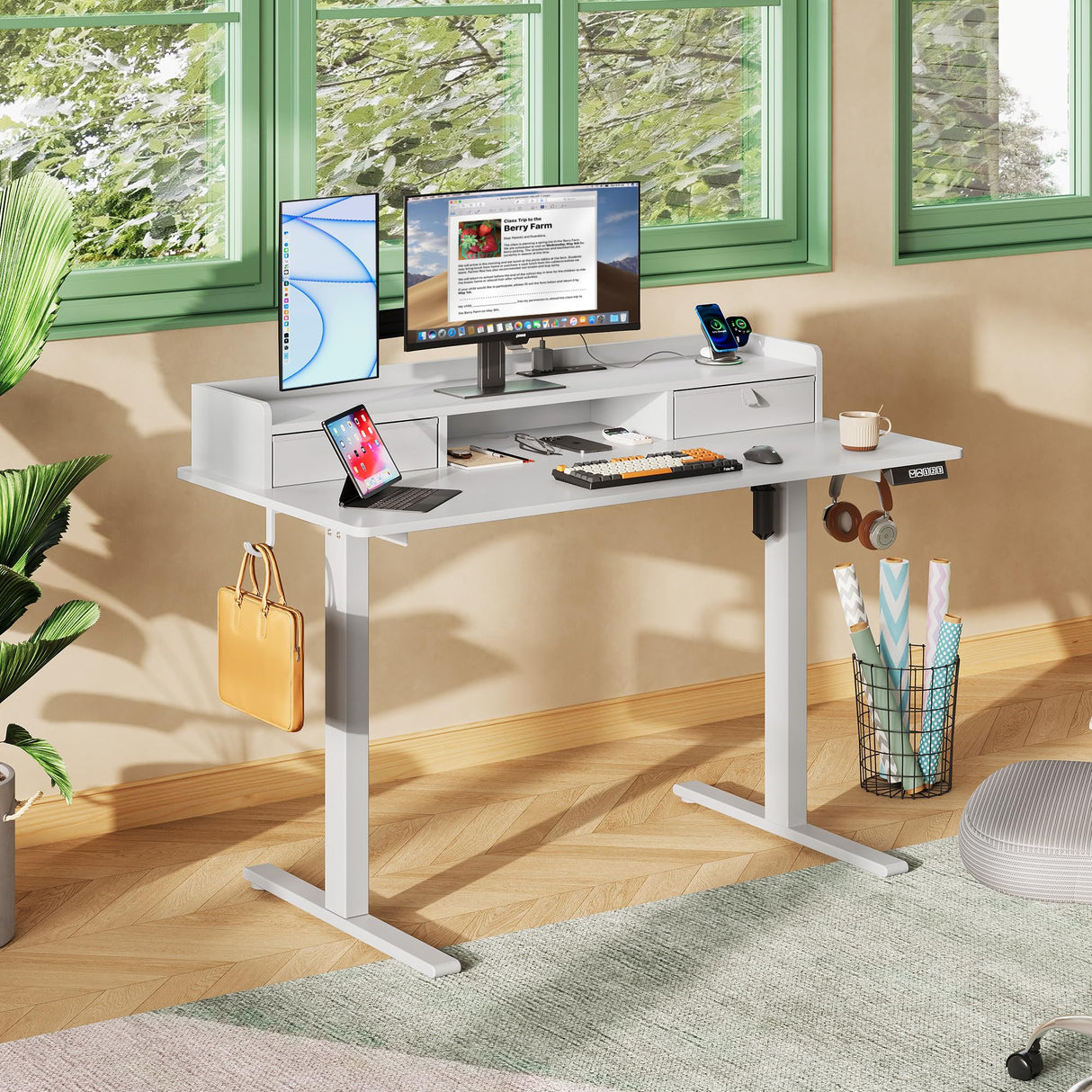DEVAISE 48×24 Inch Electric Standing Desk with Drawers, Computer Desk with 3 Adjustable Height, Storage Shelf, Built-in AC & USB Outlets and Memory Preset, Sit to Stand Desk for Home Office, White DEVAISE