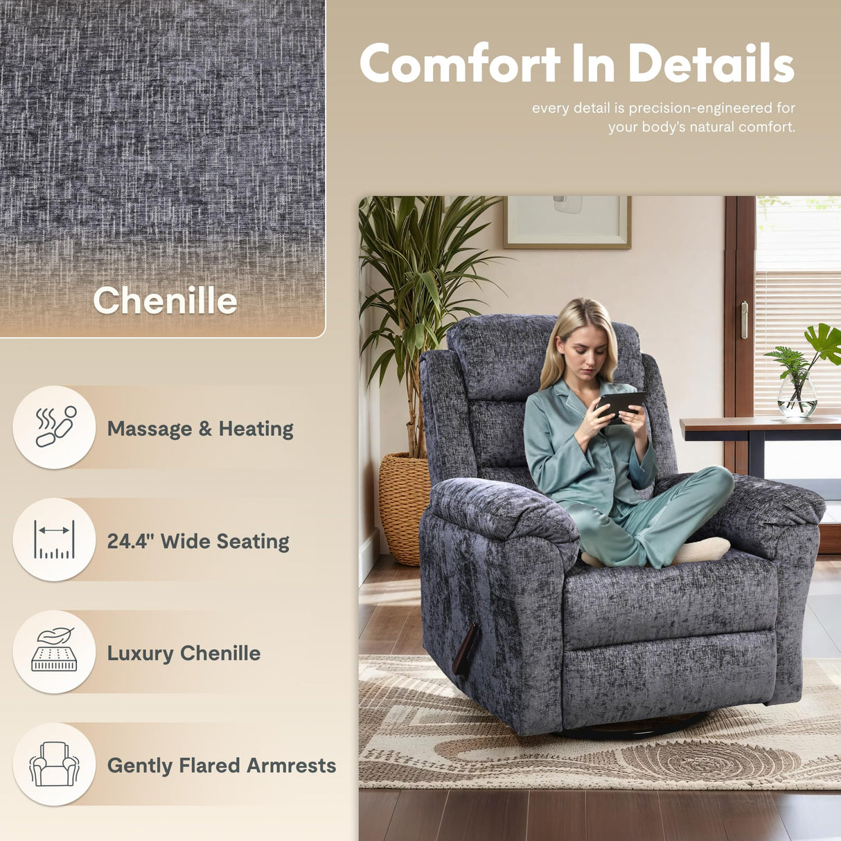 Softa Classic Swivel Rocker Recliner Chair for Adults with Handle, Massage Rocker Recliner, 360° Swivel Glider Nursery Chair with Premium Chenille, High Back, Living Room Bedroom Nursery (Gray) Softa