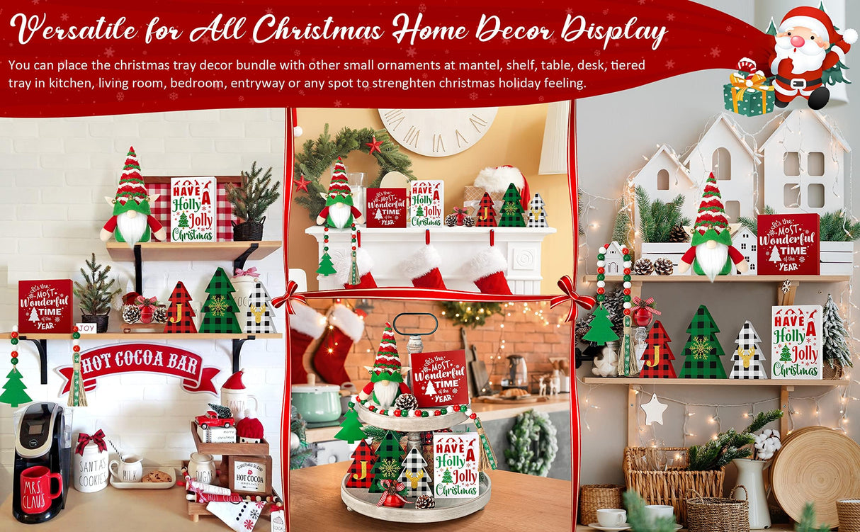 Christmas Tiered Tray Decor 10 PCS Christmas Decorations for Home - Christmas Table Decor Wooden Signs & Christmas Gnome Plush Set - Farmhouse Christmas Tray Decor Kitchen Table Mantel Christmas Party Asoulin